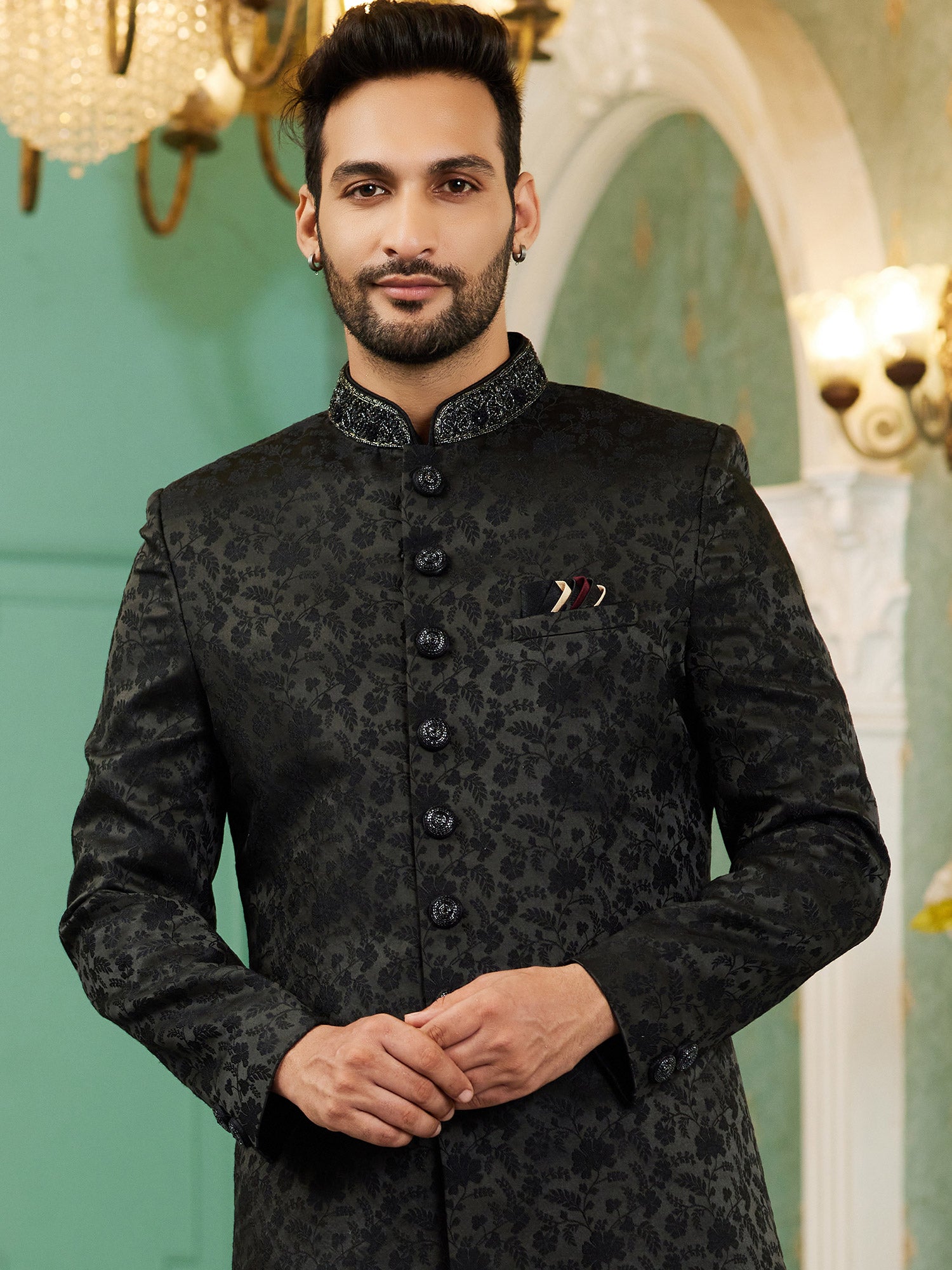 Black Indowestern Sherwani In Jacquard