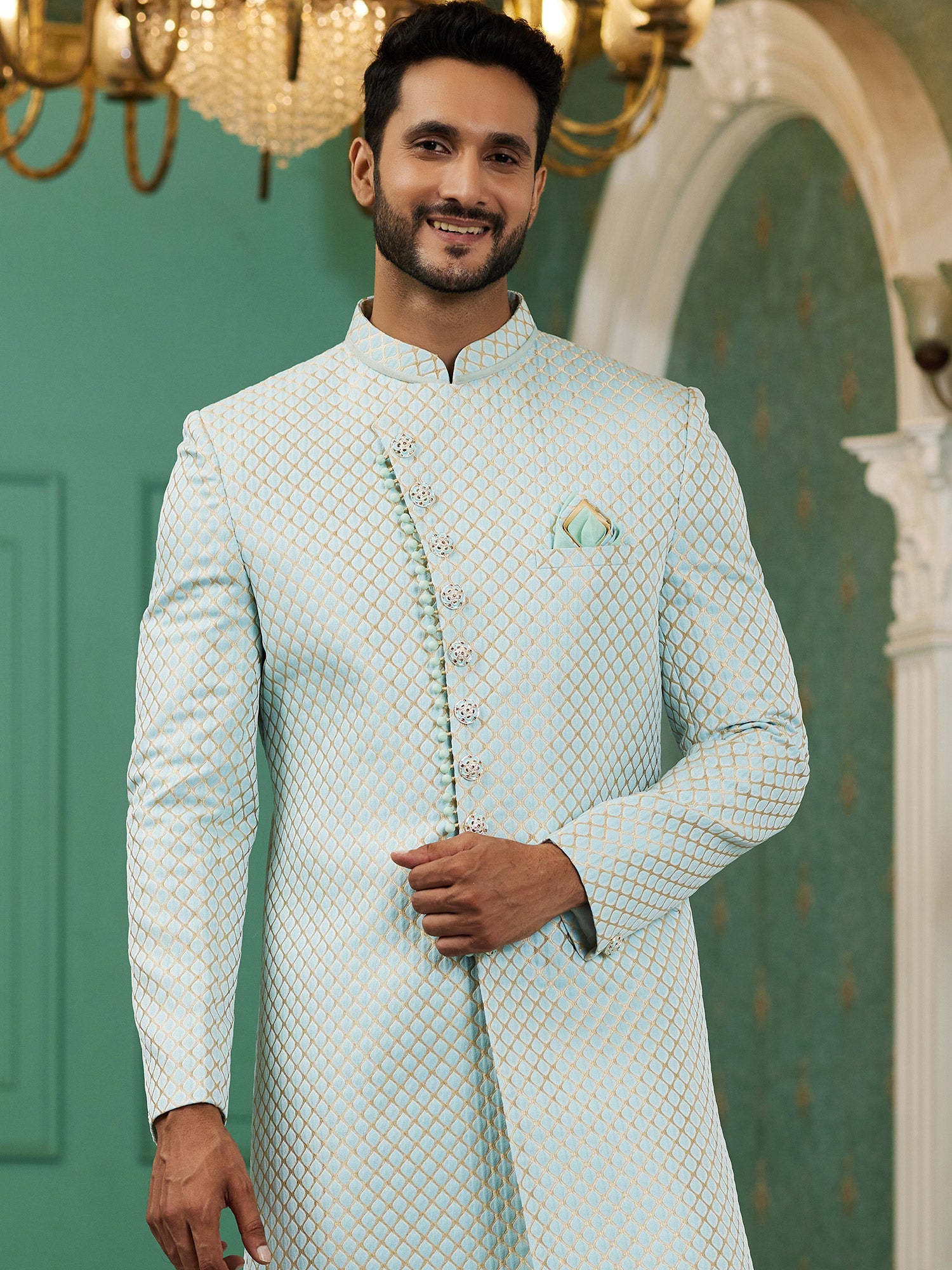 Seafoam Blue Mens Indowestern In Silk