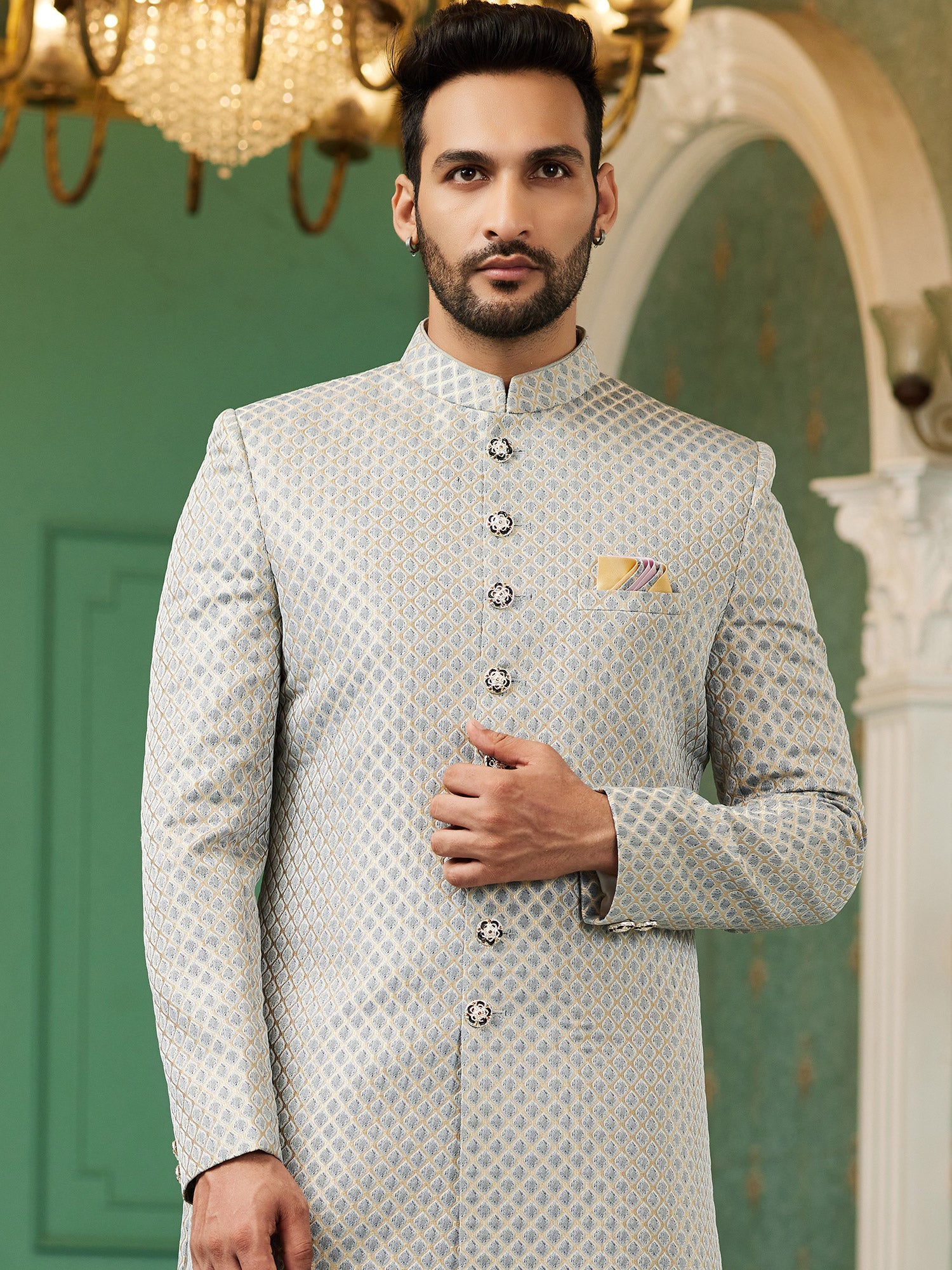 Silver Grey Silk Weaving Mens Indowestern