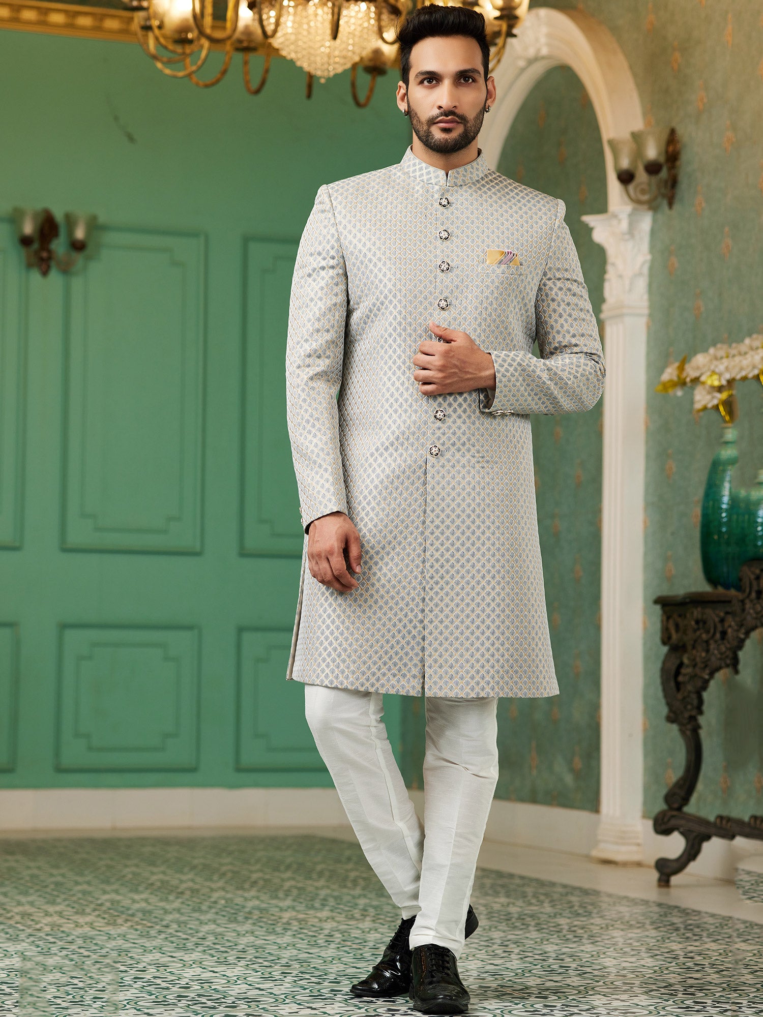 Silver Grey Silk Weaving Mens Indowestern