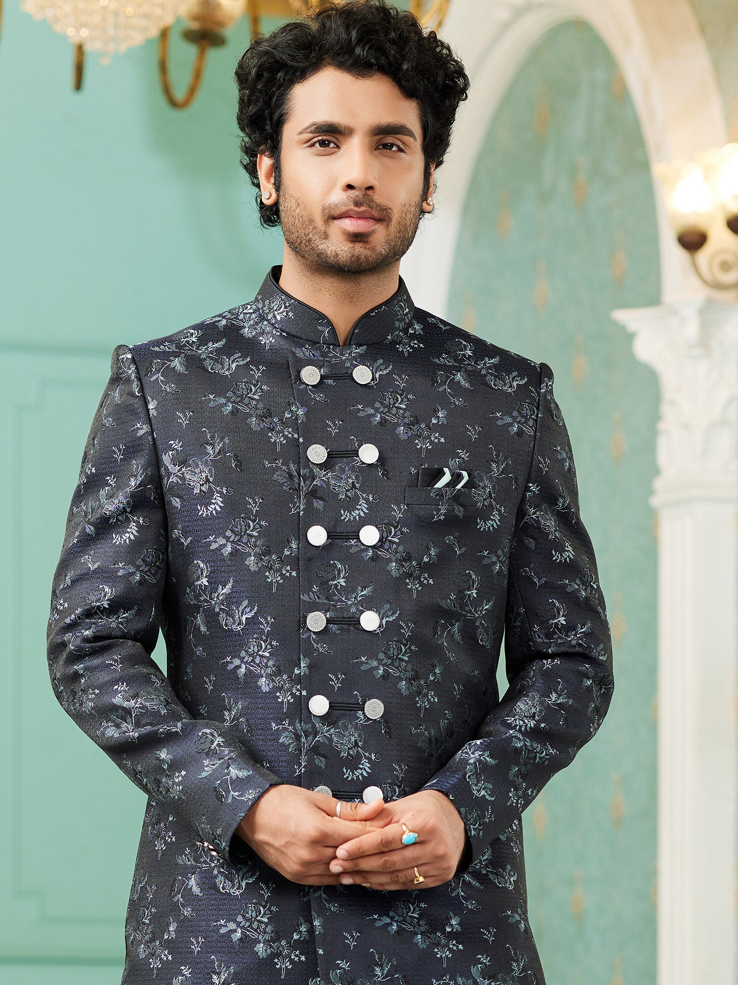 Black Floral Designed Indowestern For Mens