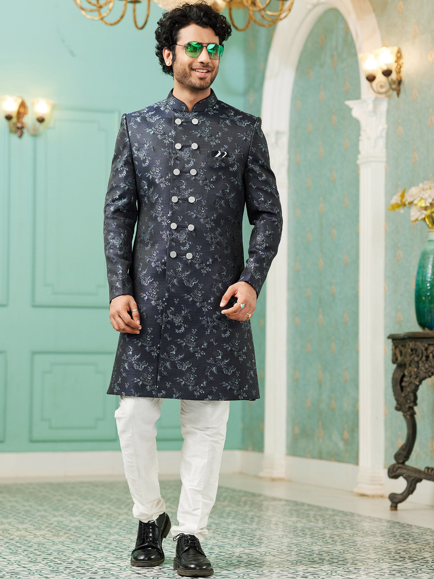 Black Floral Designed Indowestern For Mens