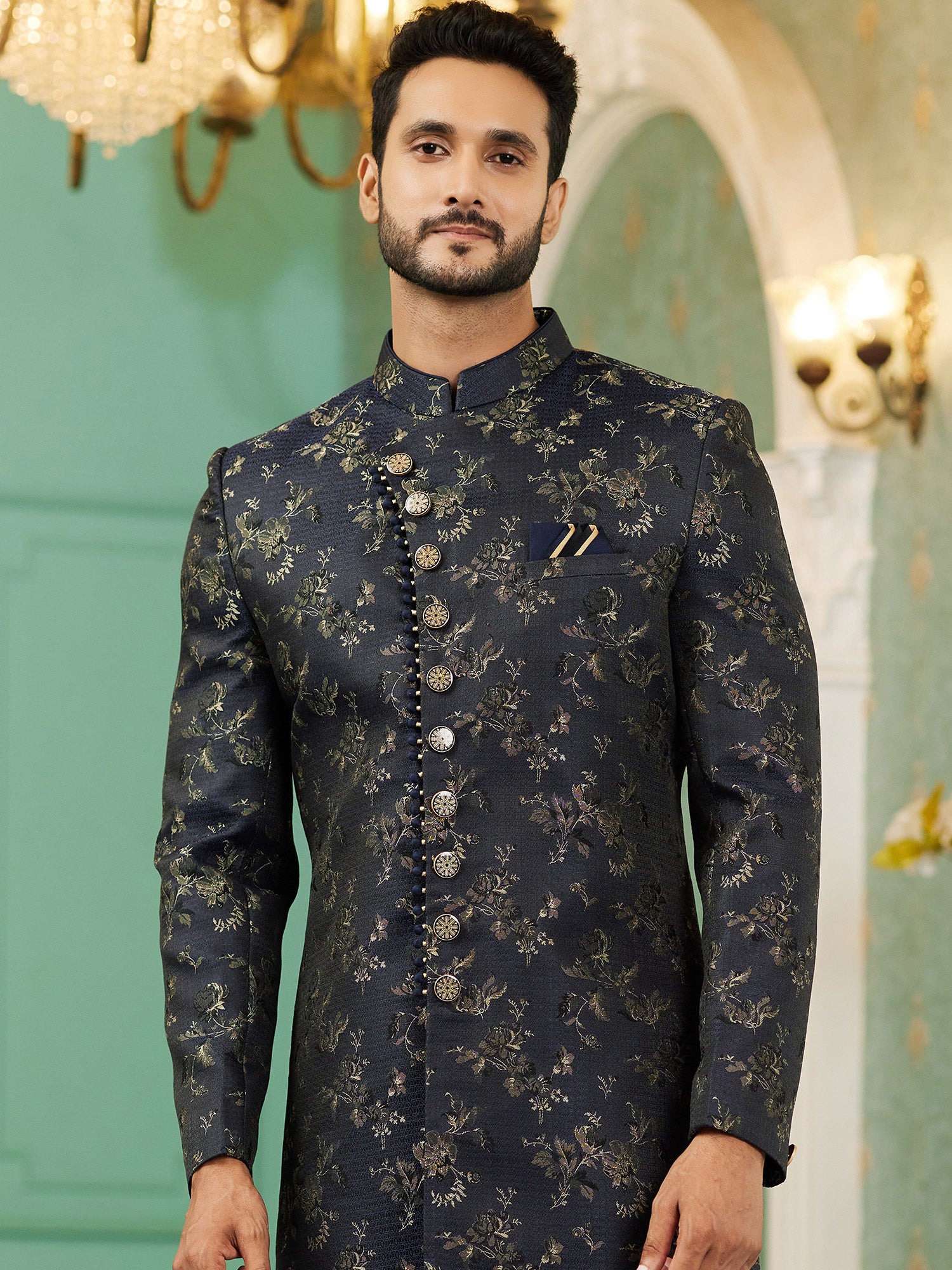 Black Mens Indowestern In Floral Weaving