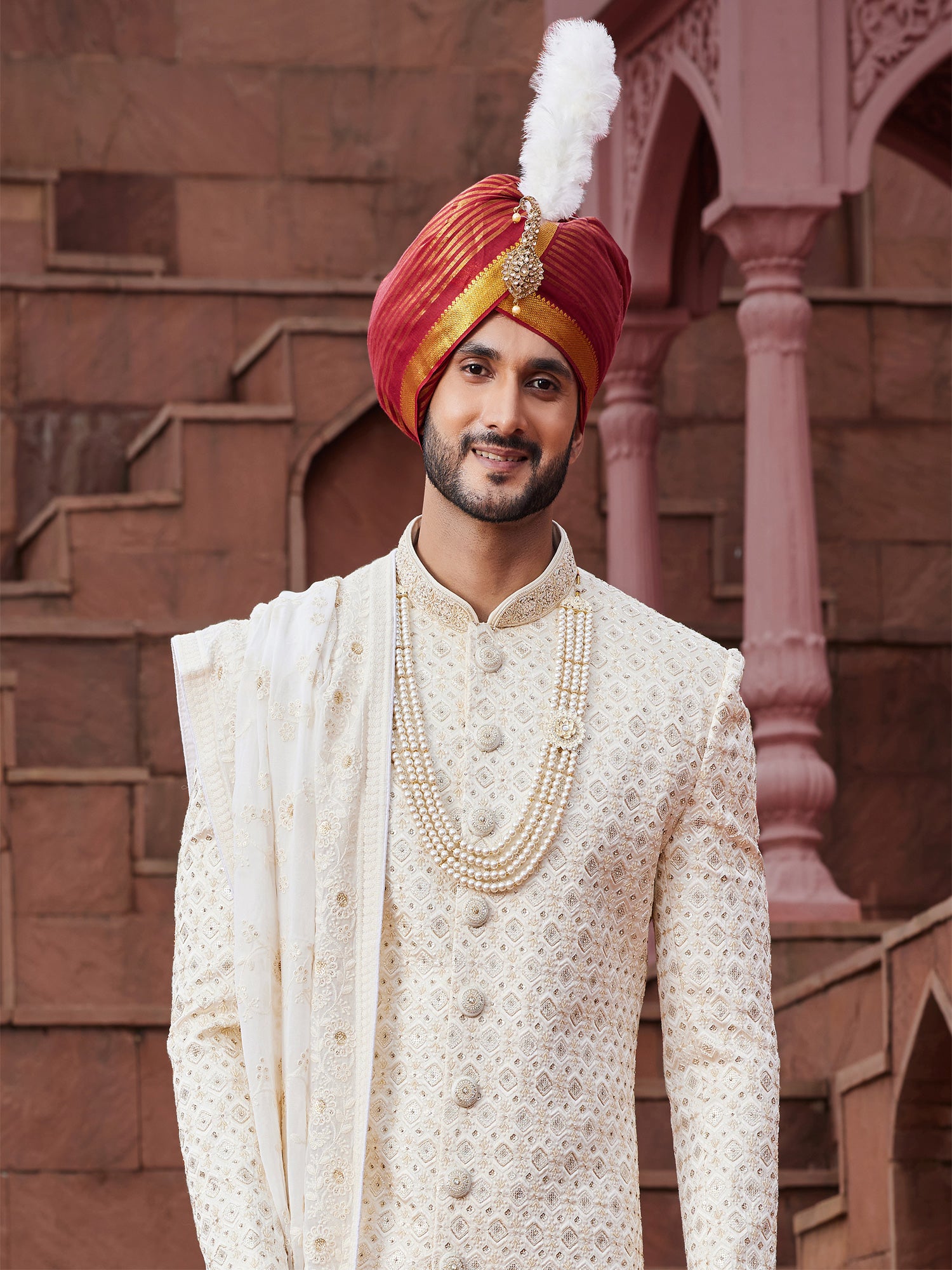 Cream Geomentric Pattern Embroidered Sherwani Set