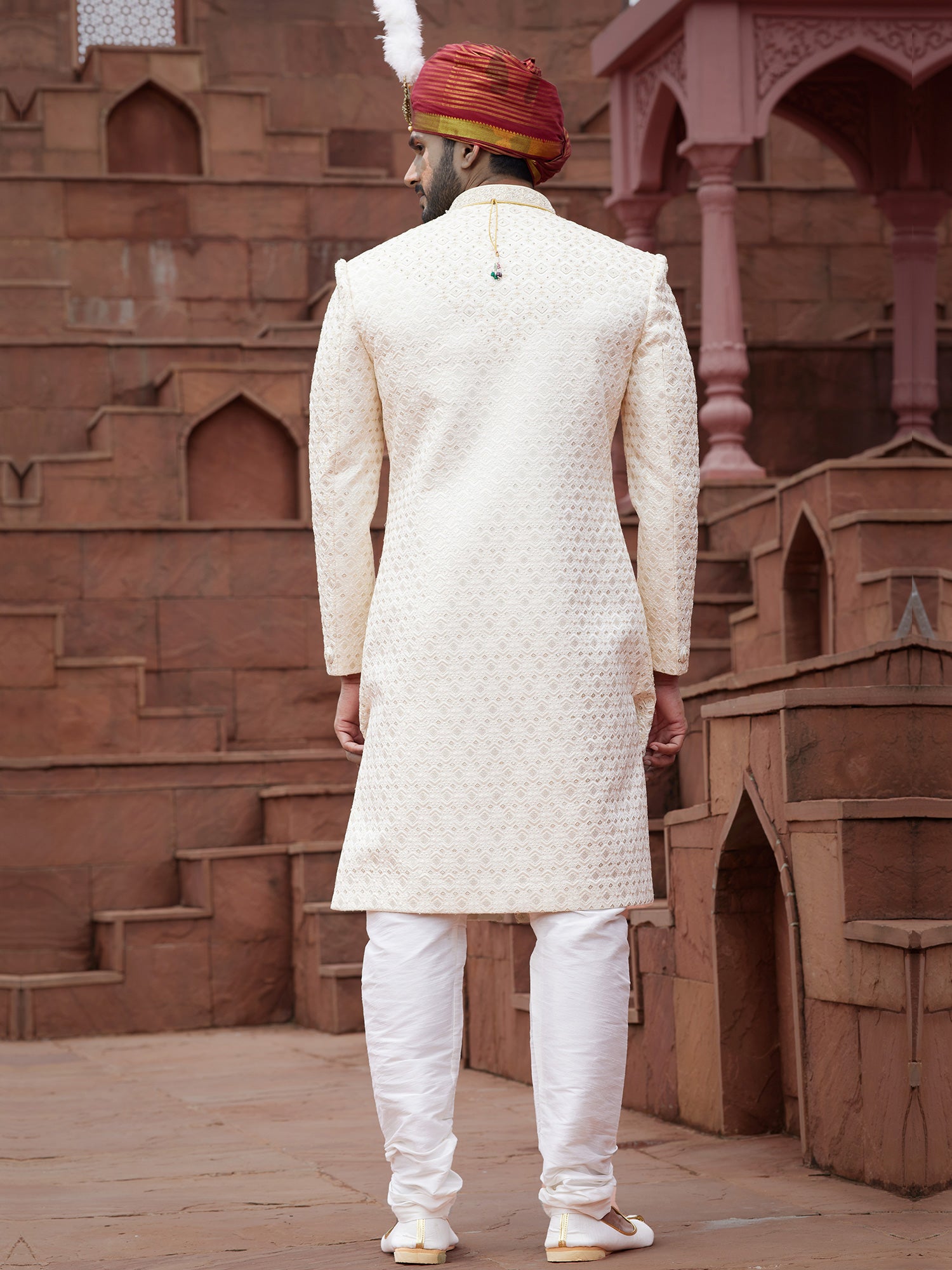 Cream Geomentric Pattern Embroidered Sherwani Set