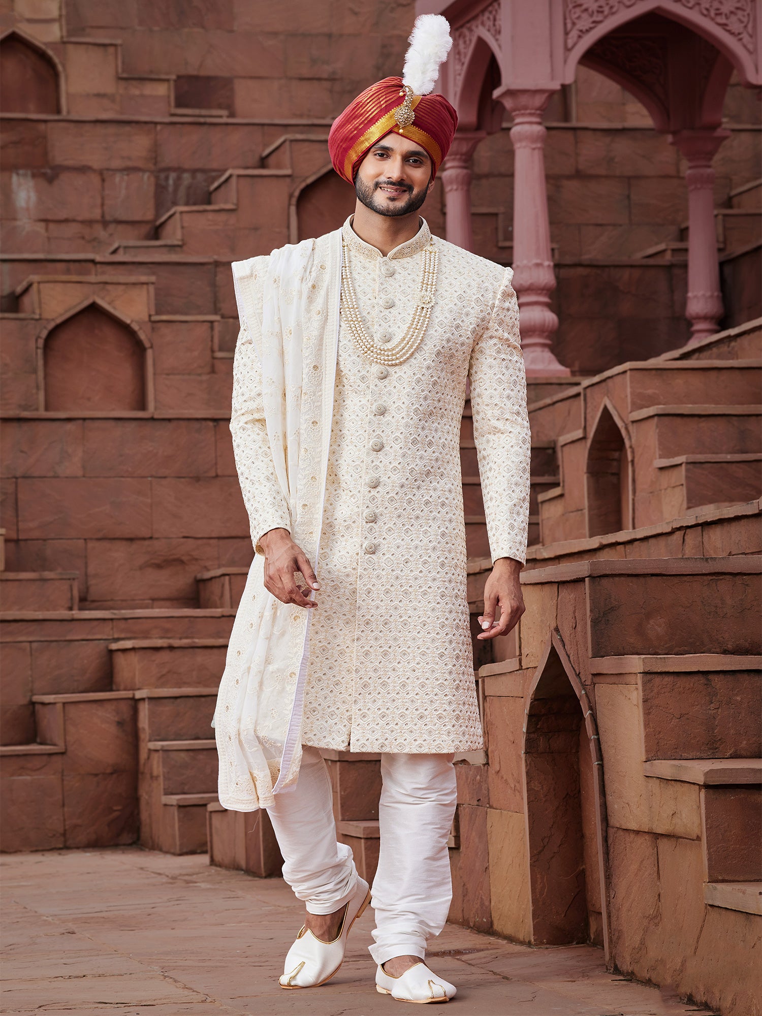 Cream Geomentric Pattern Embroidered Sherwani Set