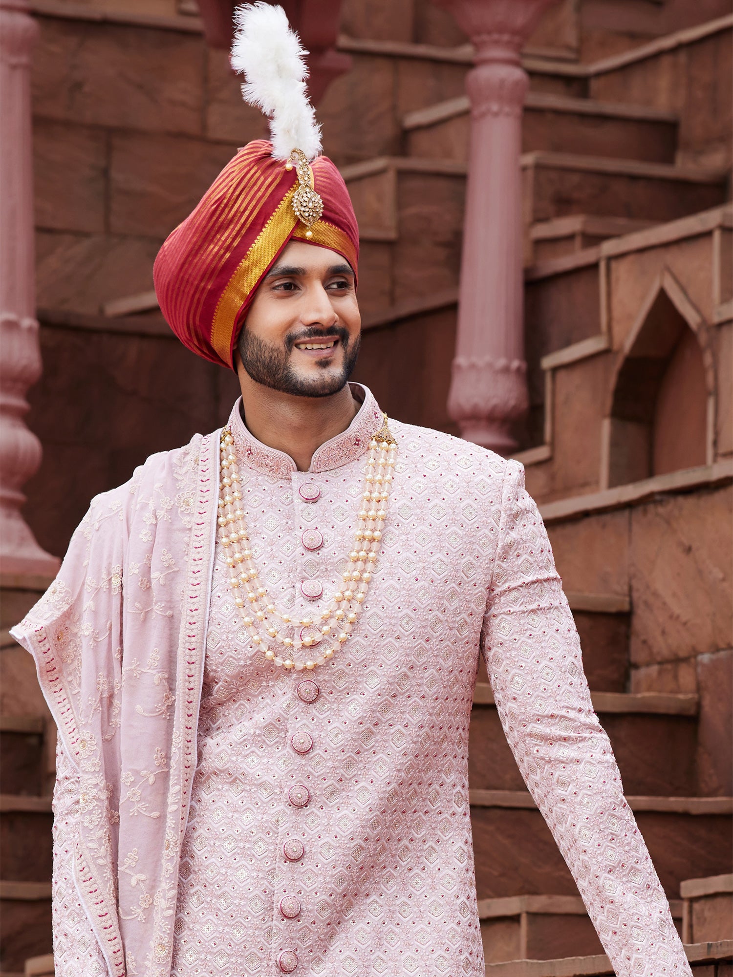 Light Pink Achkan Styled Readymade Mens Sherwani