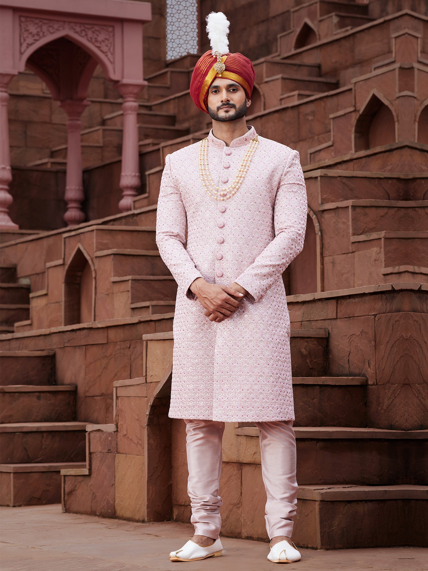 Light Pink Achkan Styled Readymade Mens Sherwani
