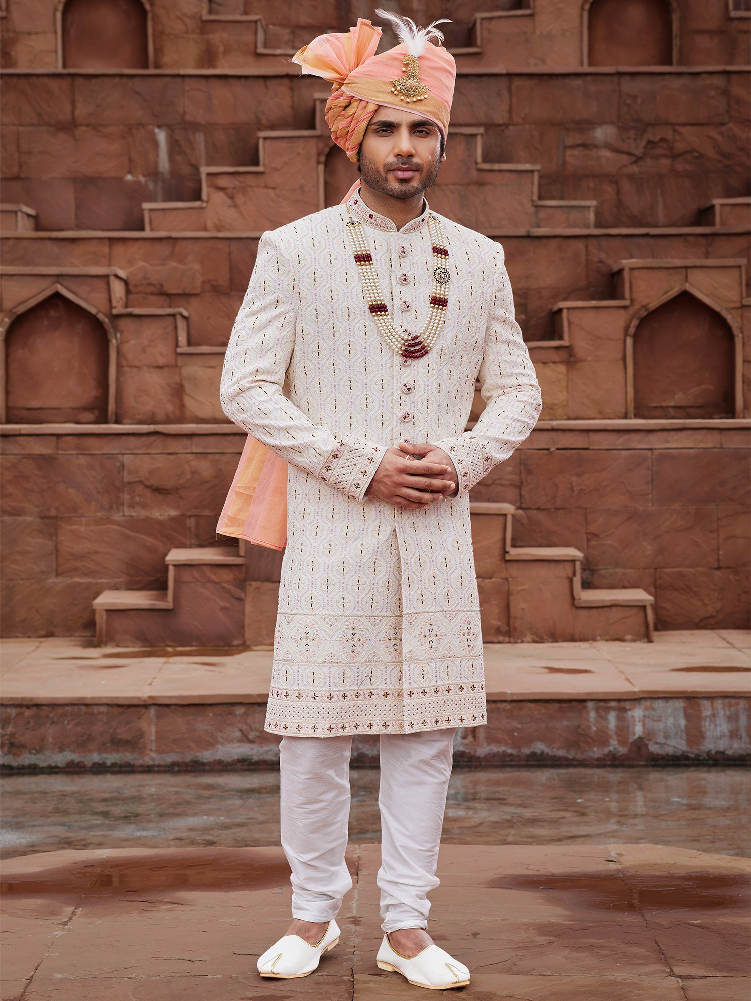 Off White Readymade Wedding Mens Sherwani In Silk