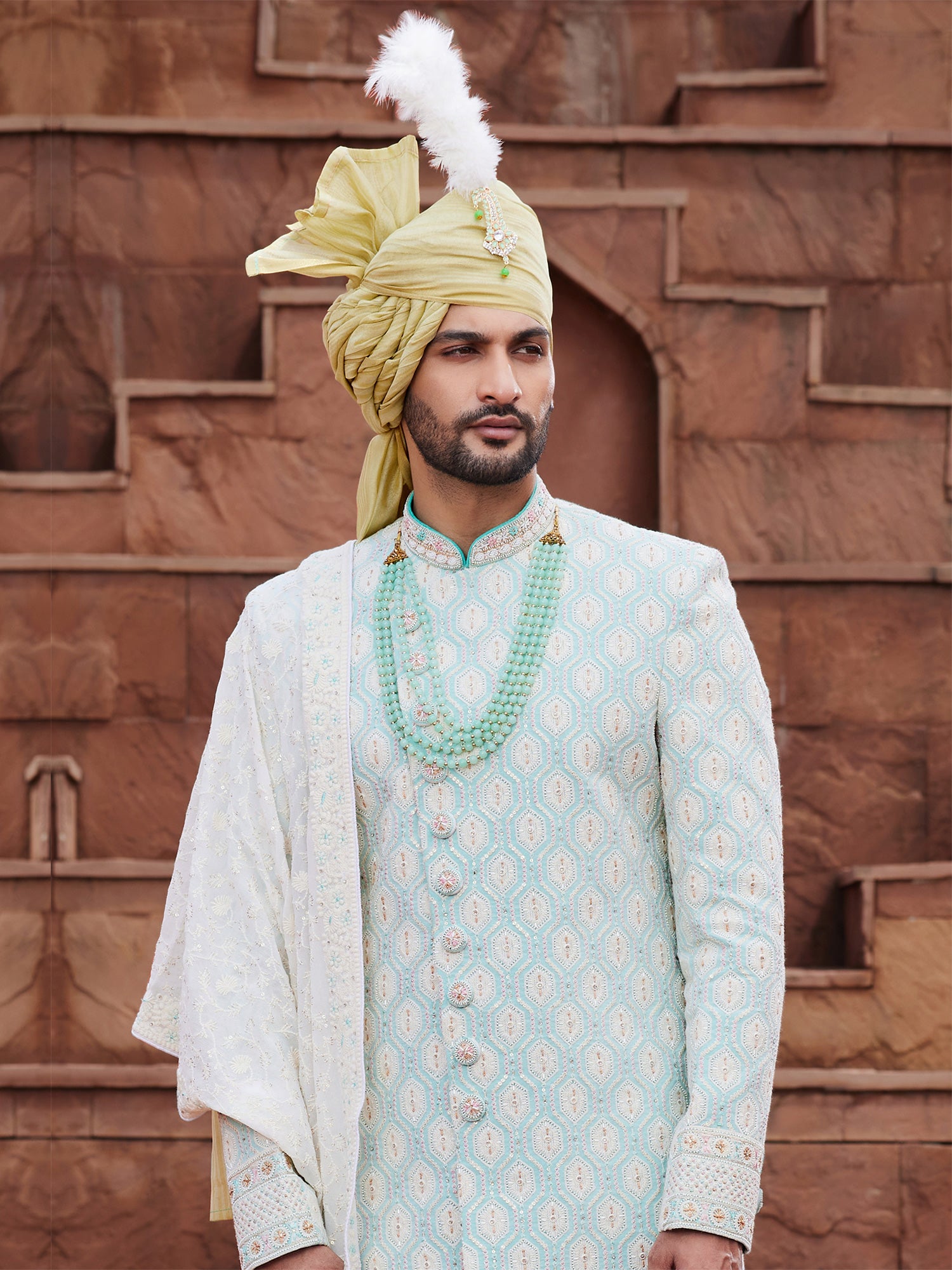 Sky Blue Geometric Pattern Embroidered Silk Sherwani
