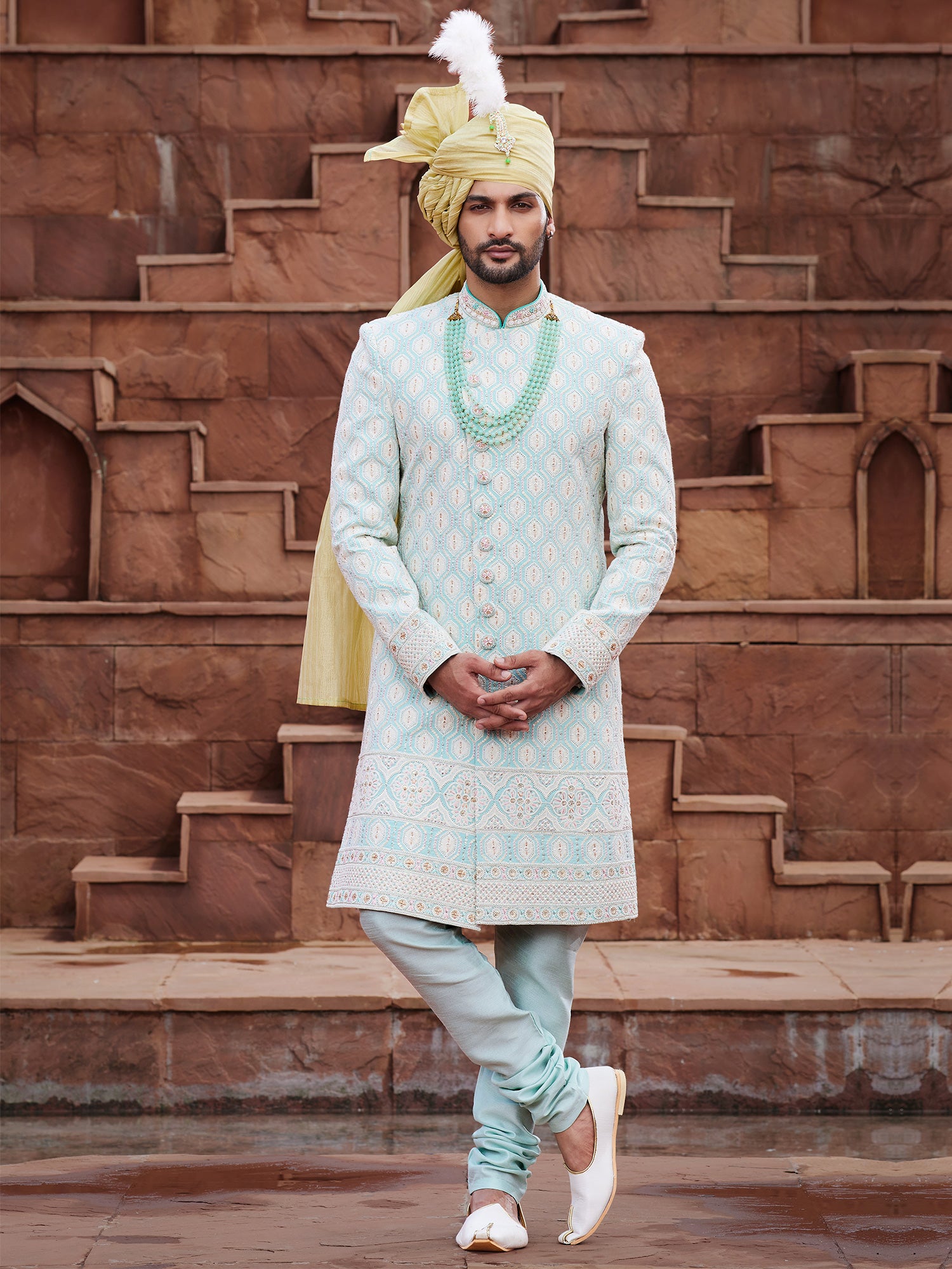 Sky Blue Geometric Pattern Embroidered Silk Sherwani