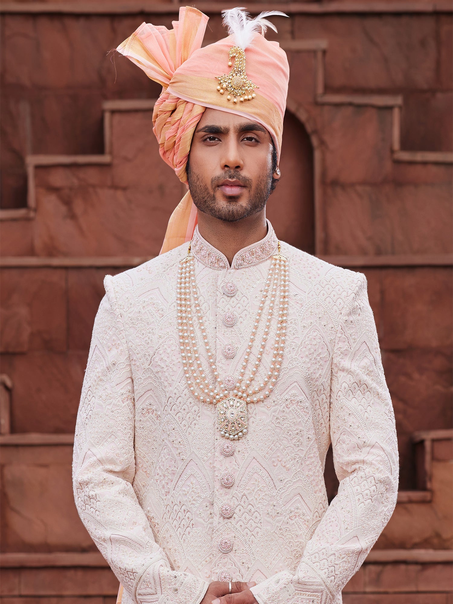 Light Pink Stone Embroidered Mens Sherwani In Silk