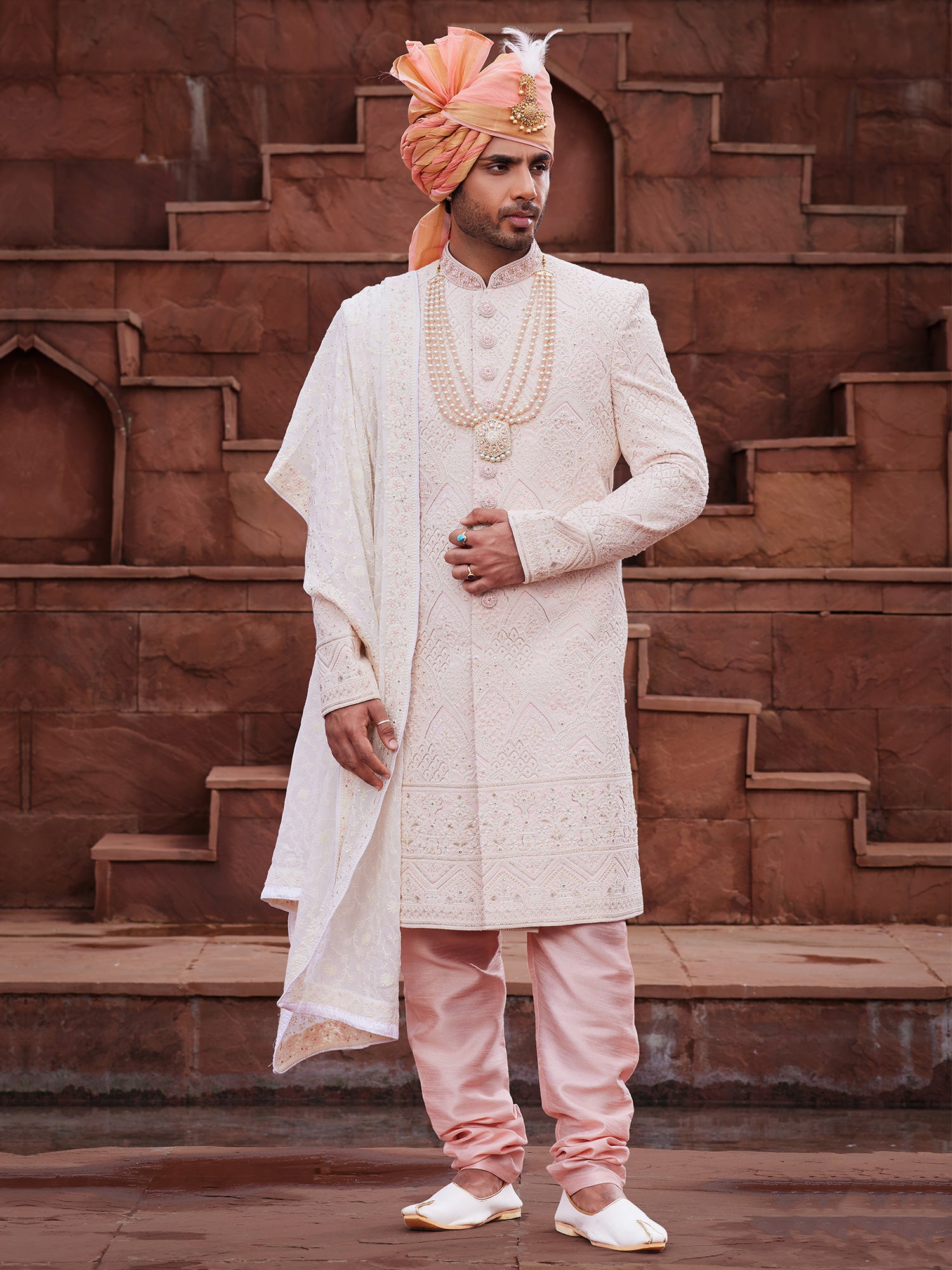 Light Pink Stone Embroidered Mens Sherwani In Silk