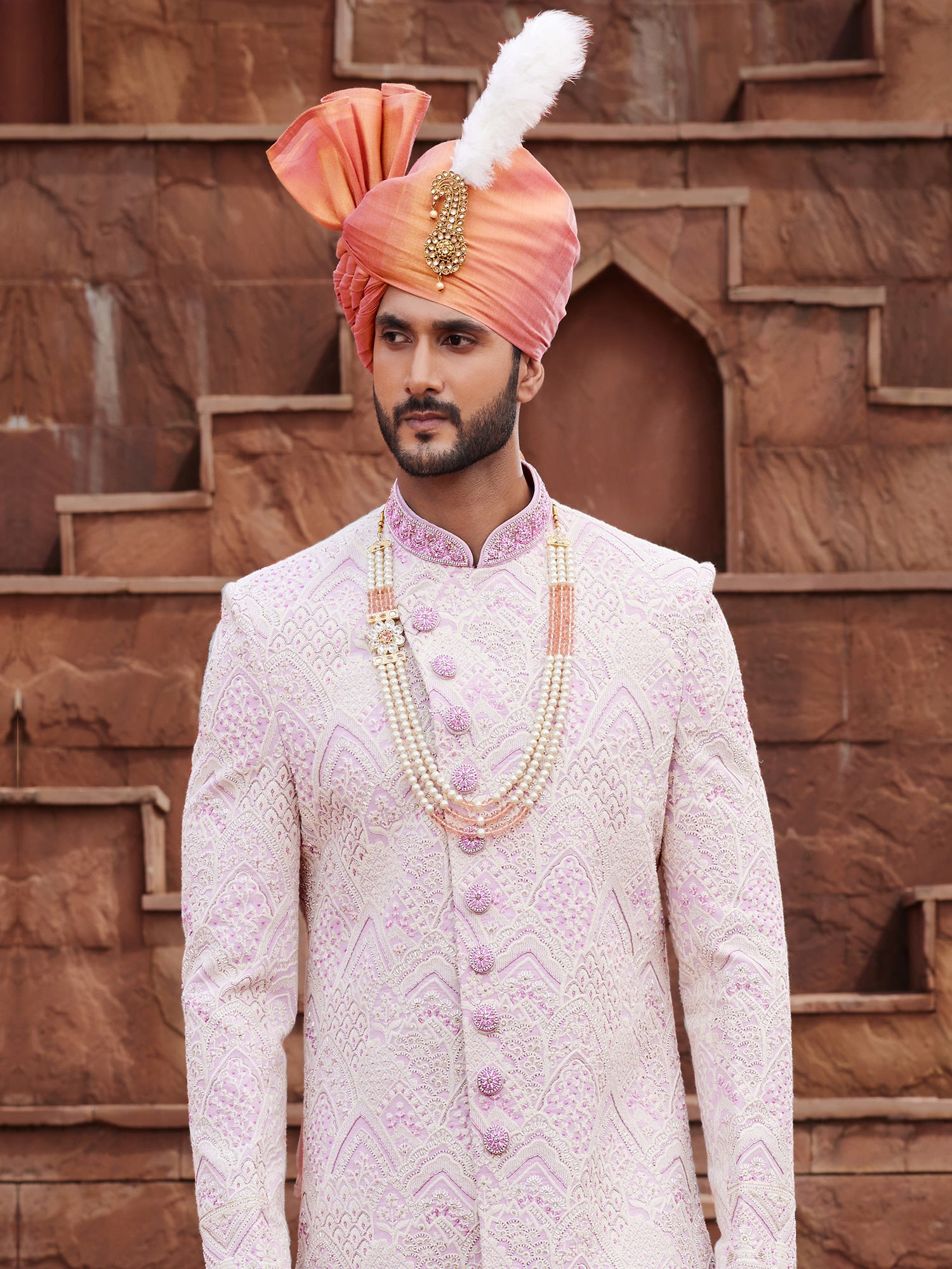 Pink Heavy Embroidered Silk Sherwani Set For Mens