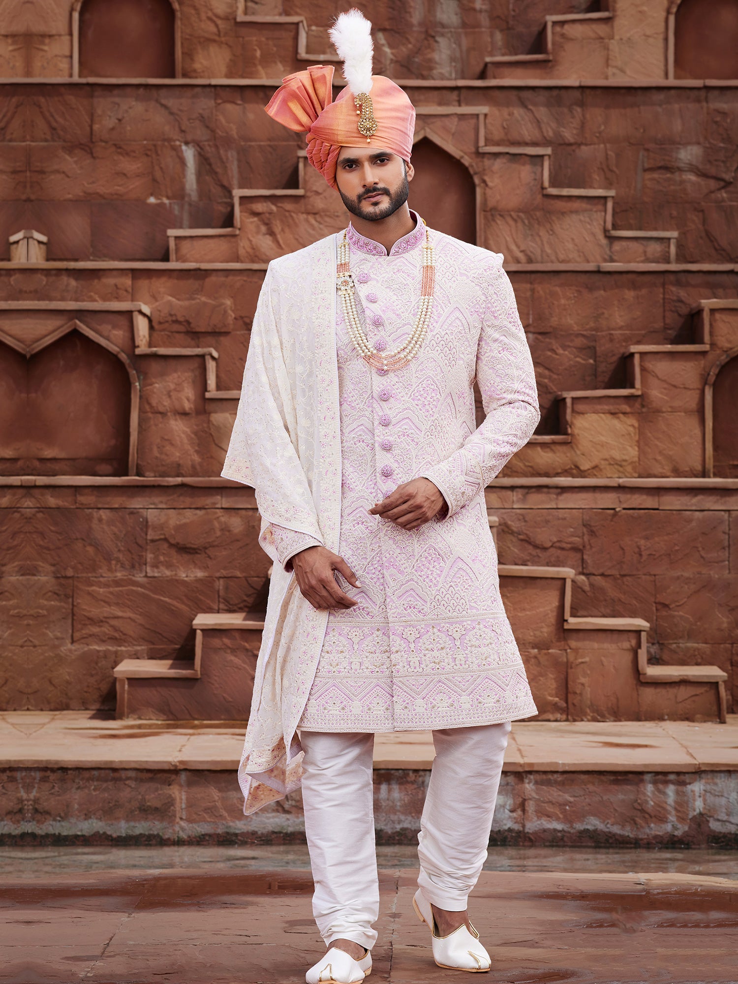 Pink Heavy Embroidered Silk Sherwani Set For Mens
