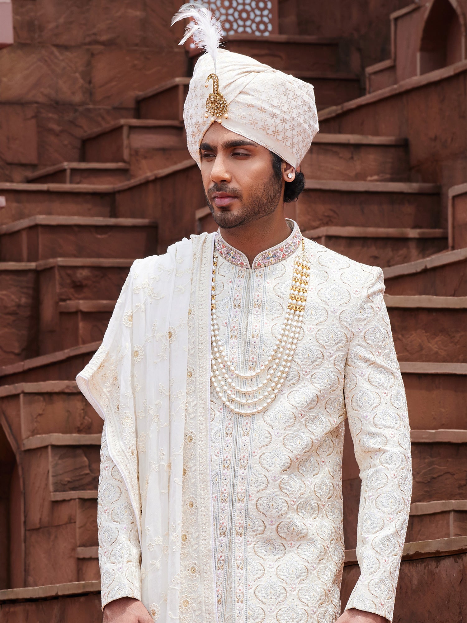 Bright White Thread Embroidered Readymade Sherwani
