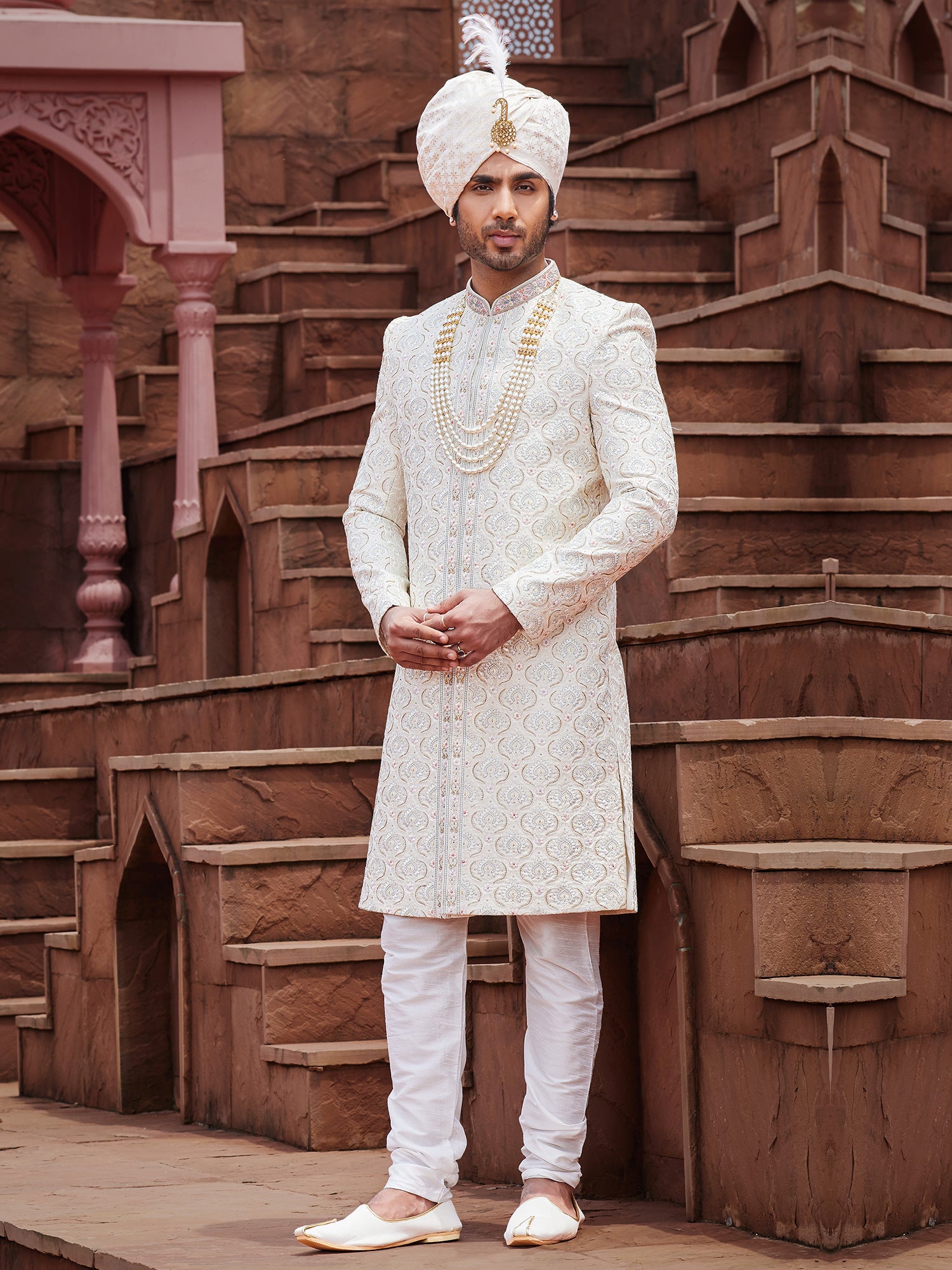 Bright White Thread Embroidered Readymade Sherwani
