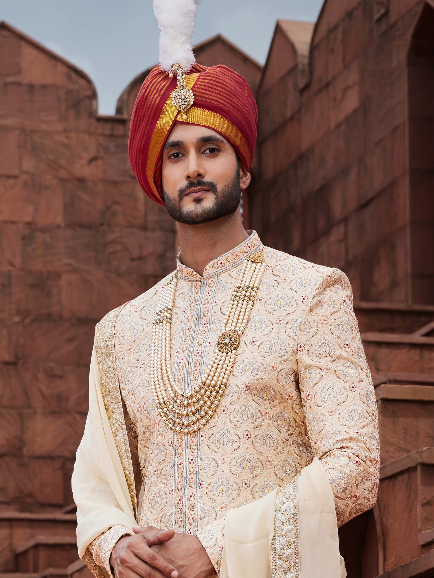 Peach Mens Silk Sherwani for Mens With Embroidery