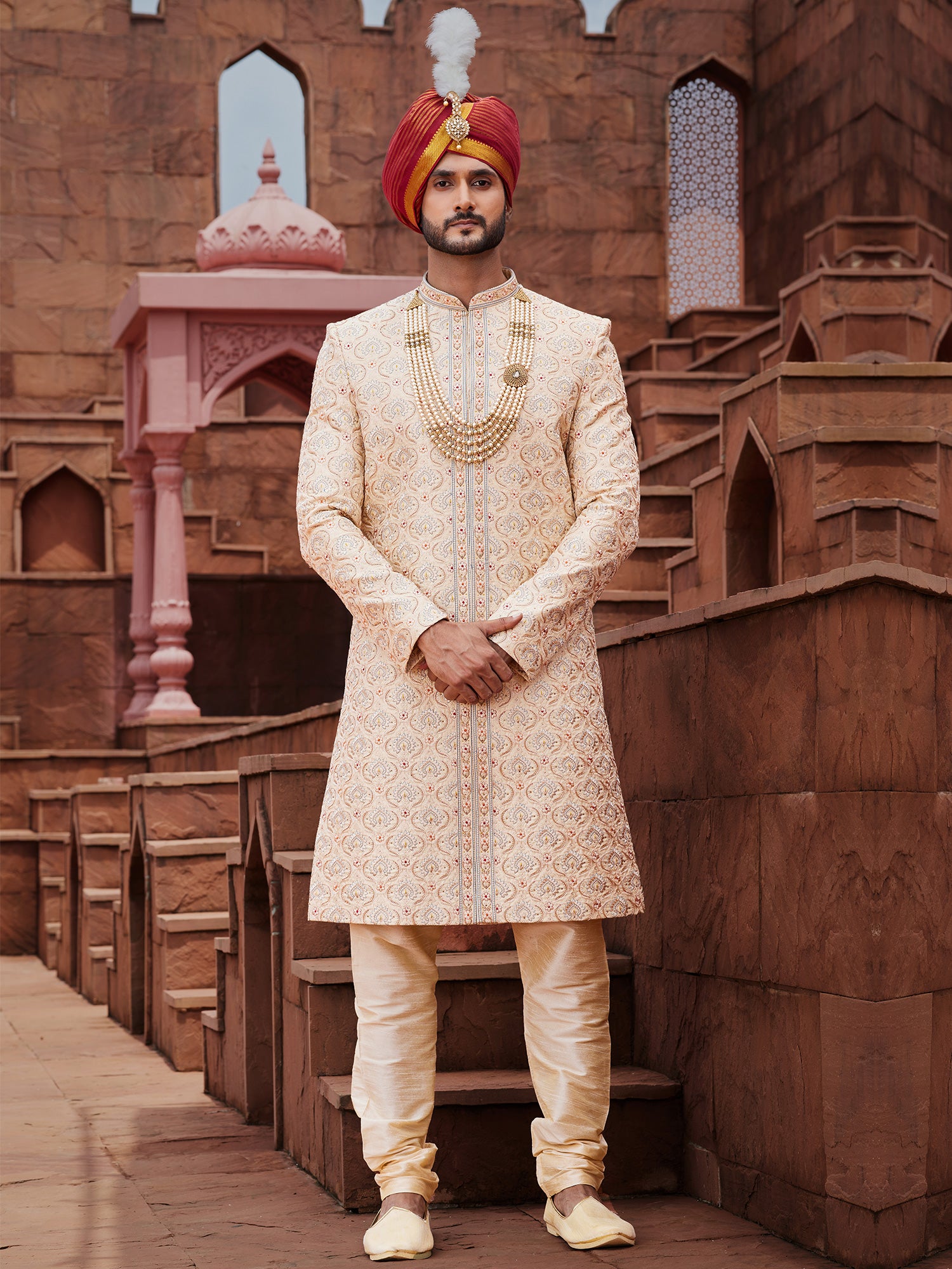 Peach Mens Silk Sherwani for Mens With Embroidery