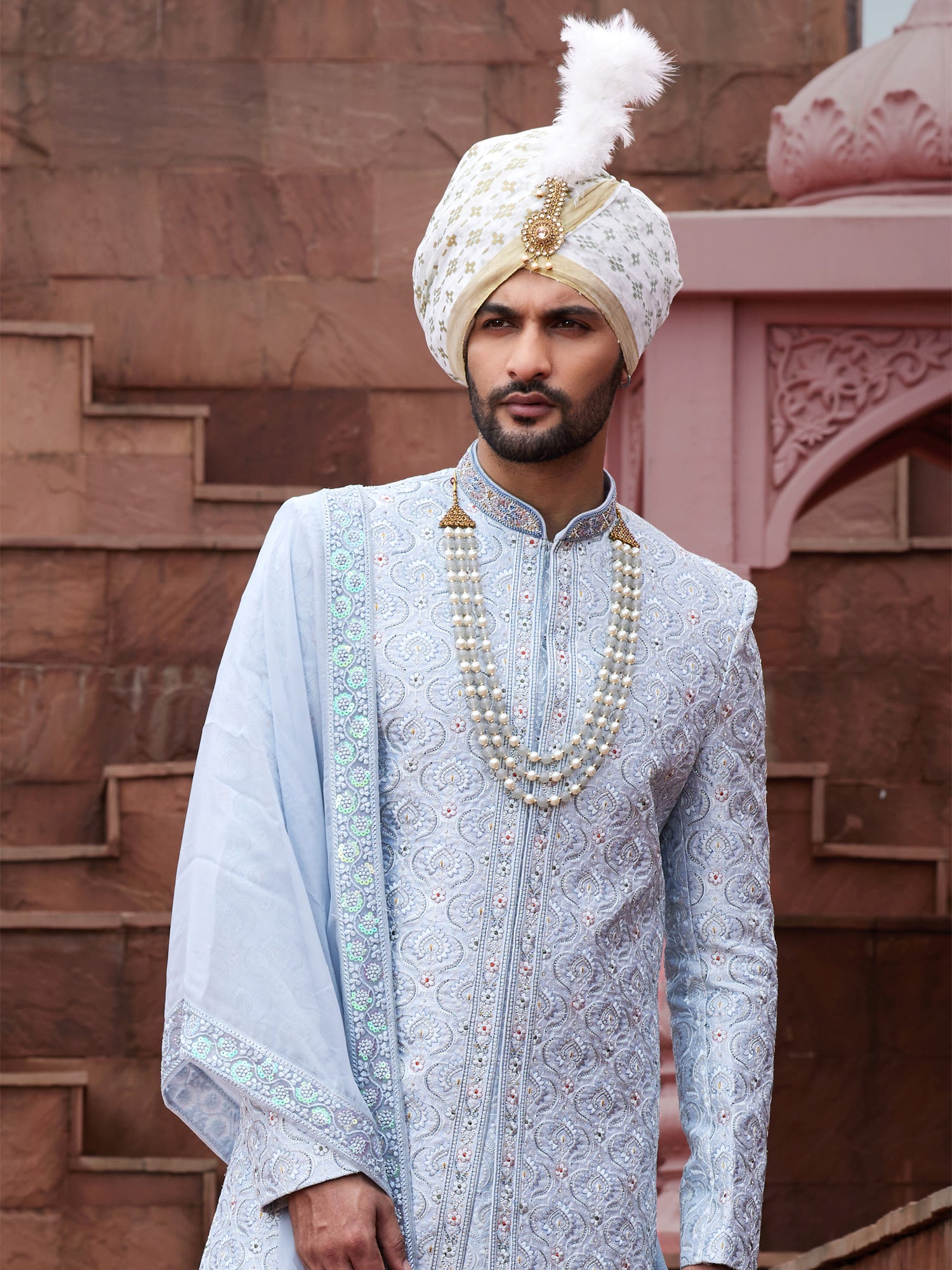 Light Blue Achkan Styled Readymade Sherwani In Silk