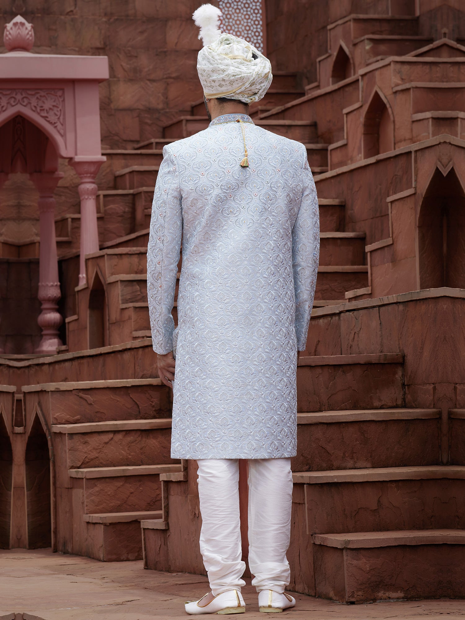 Light Blue Achkan Styled Readymade Sherwani In Silk