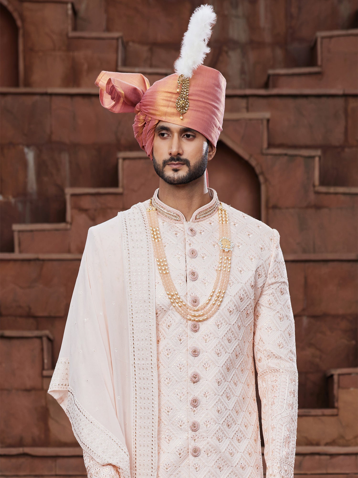 Baby Pink Stone Embellished Mens Silk Sherwani Set