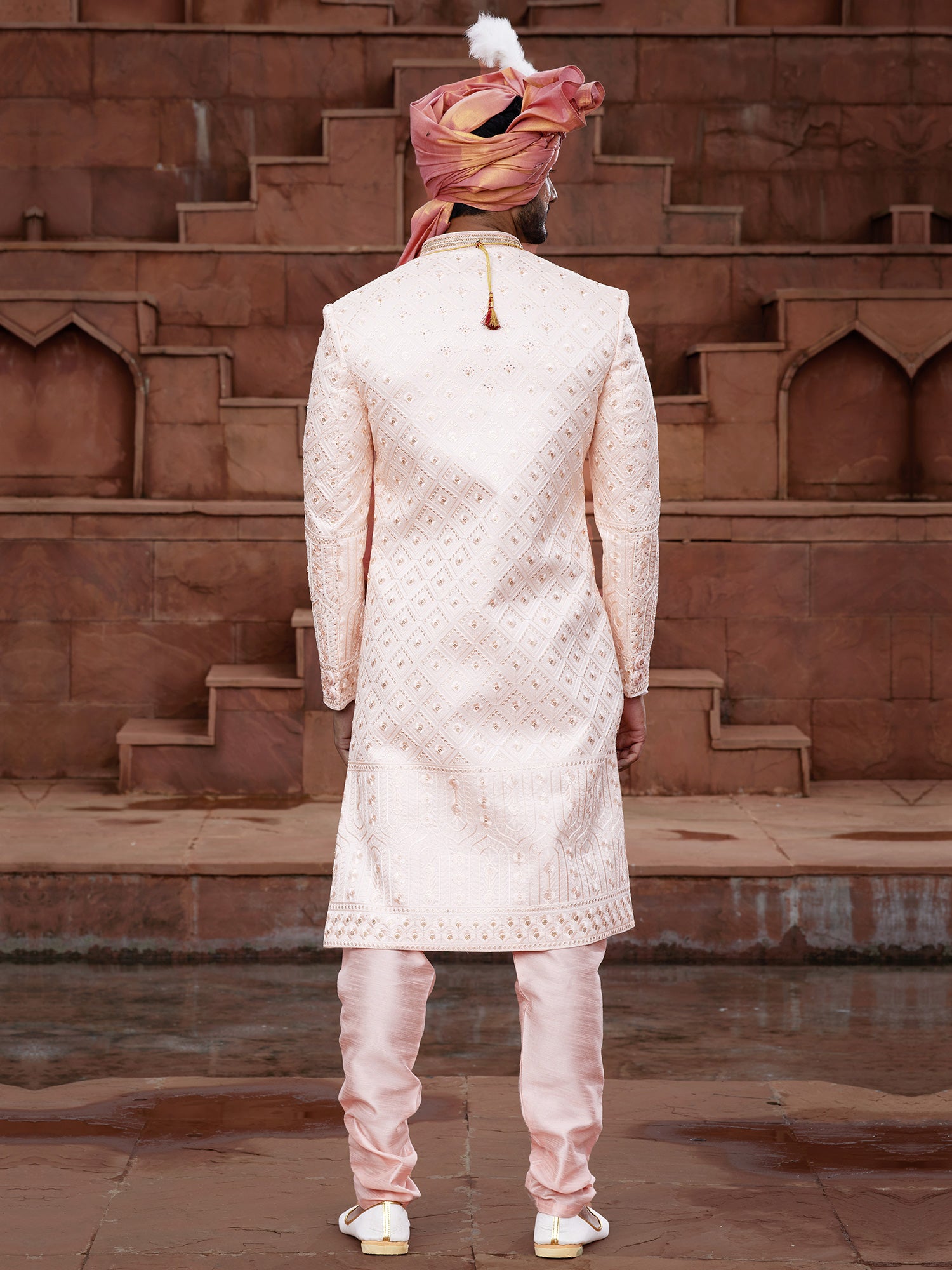 Baby Pink Stone Embellished Mens Silk Sherwani Set