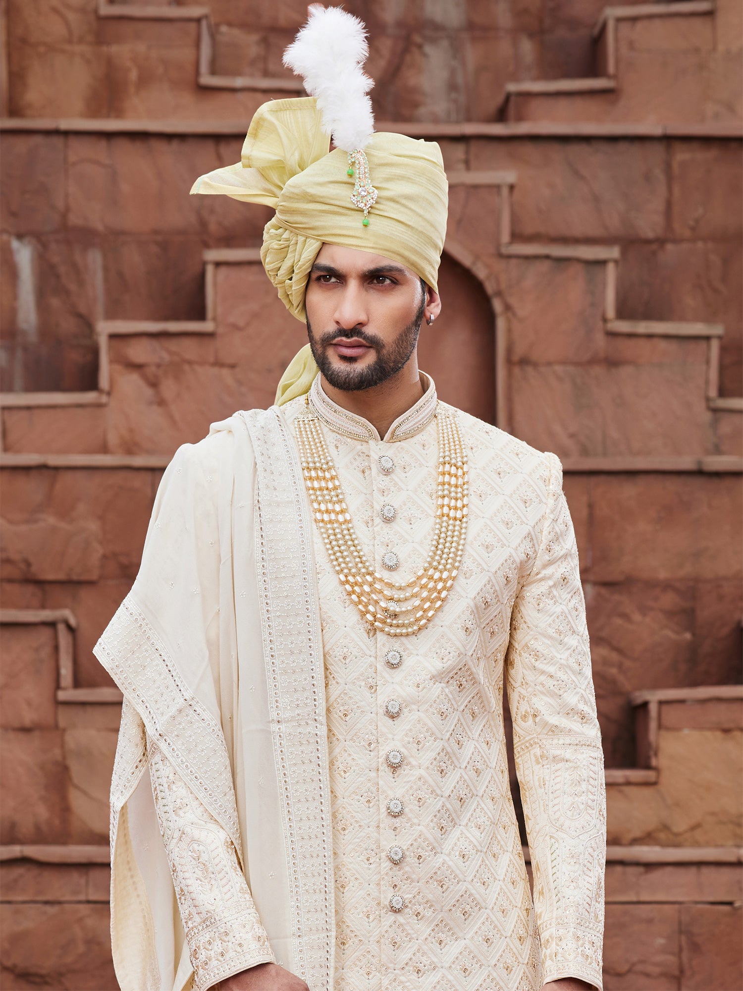 Cream Stone Augmented Readymade Mens Sherwani