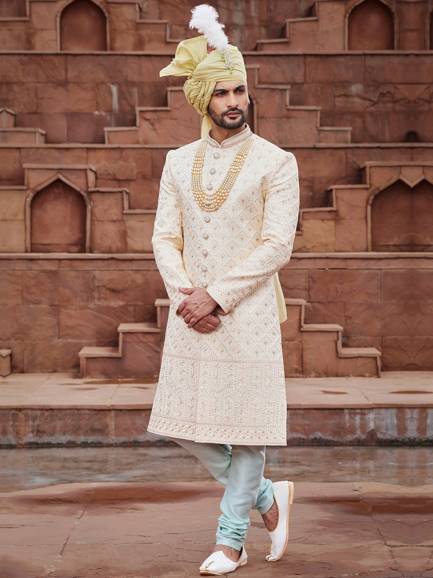 Cream Stone Augmented Readymade Mens Sherwani