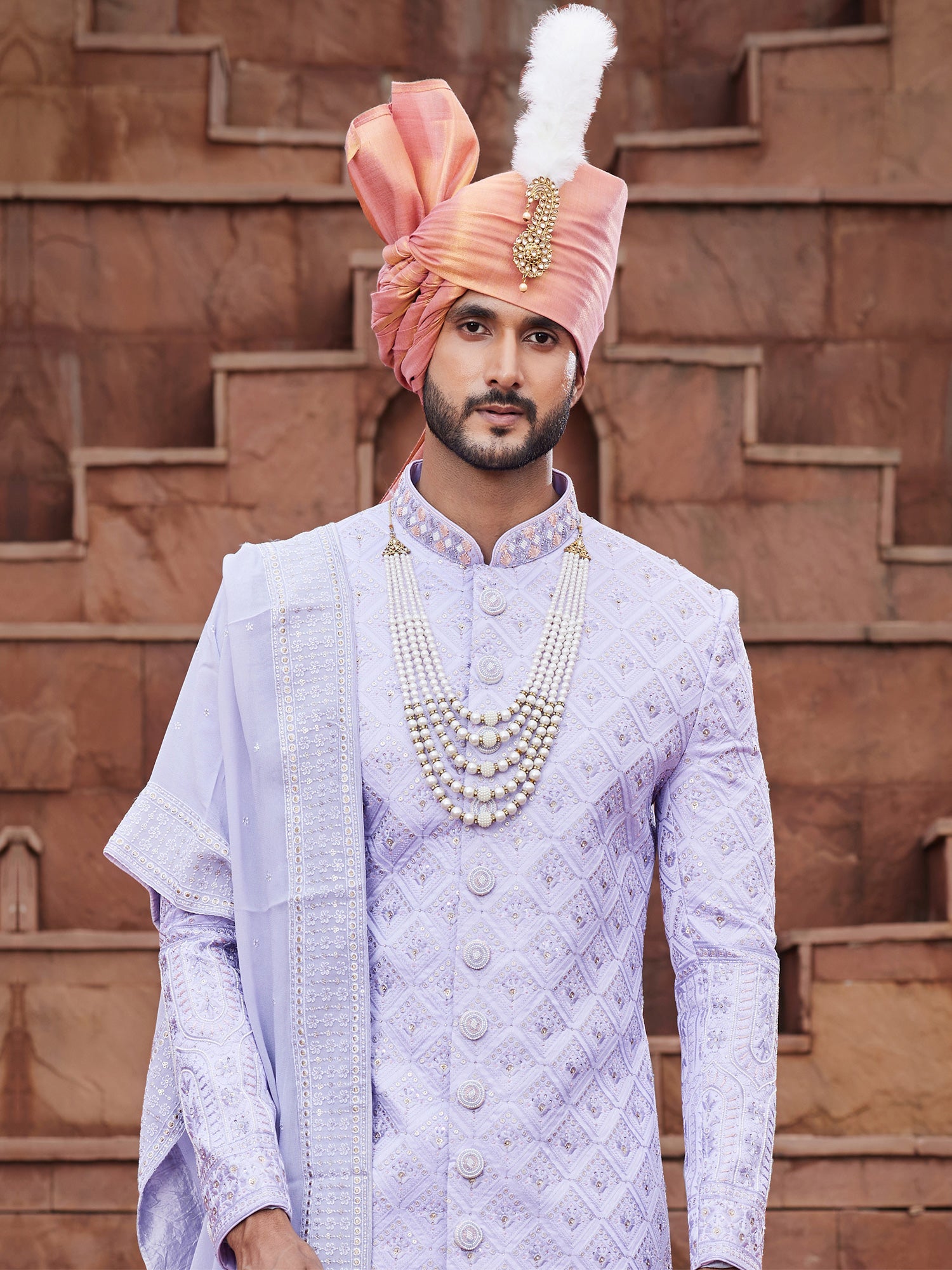 Lilac Purple Sequins Embroidered Mens Readymade Sherwani