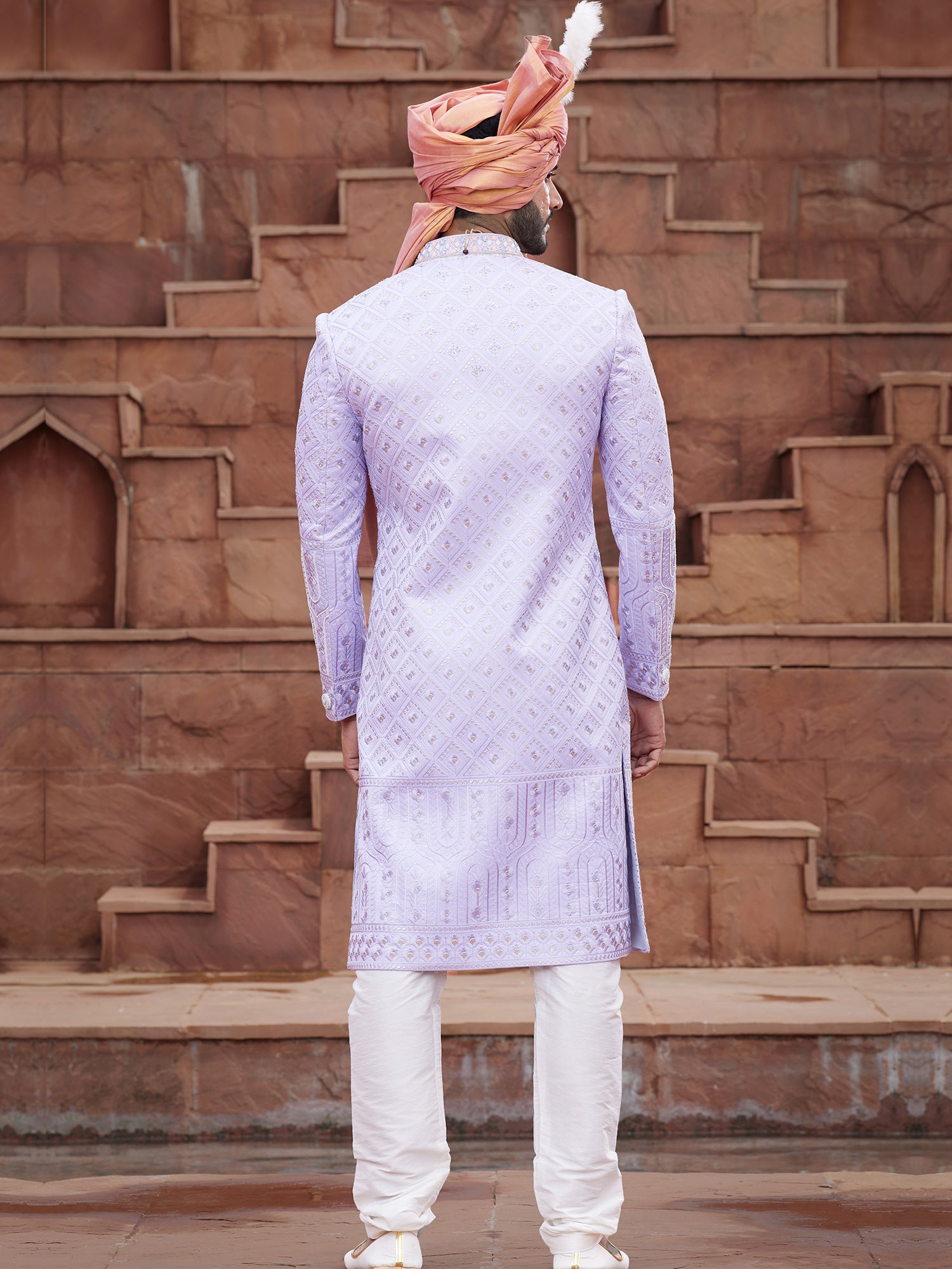 Lilac Purple Sequins Embroidered Mens Readymade Sherwani