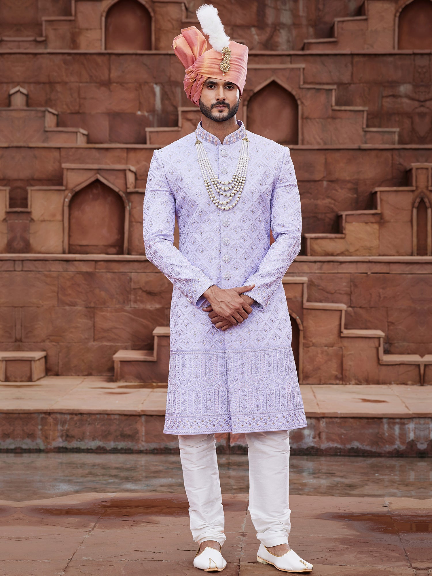 Lilac Purple Sequins Embroidered Mens Readymade Sherwani