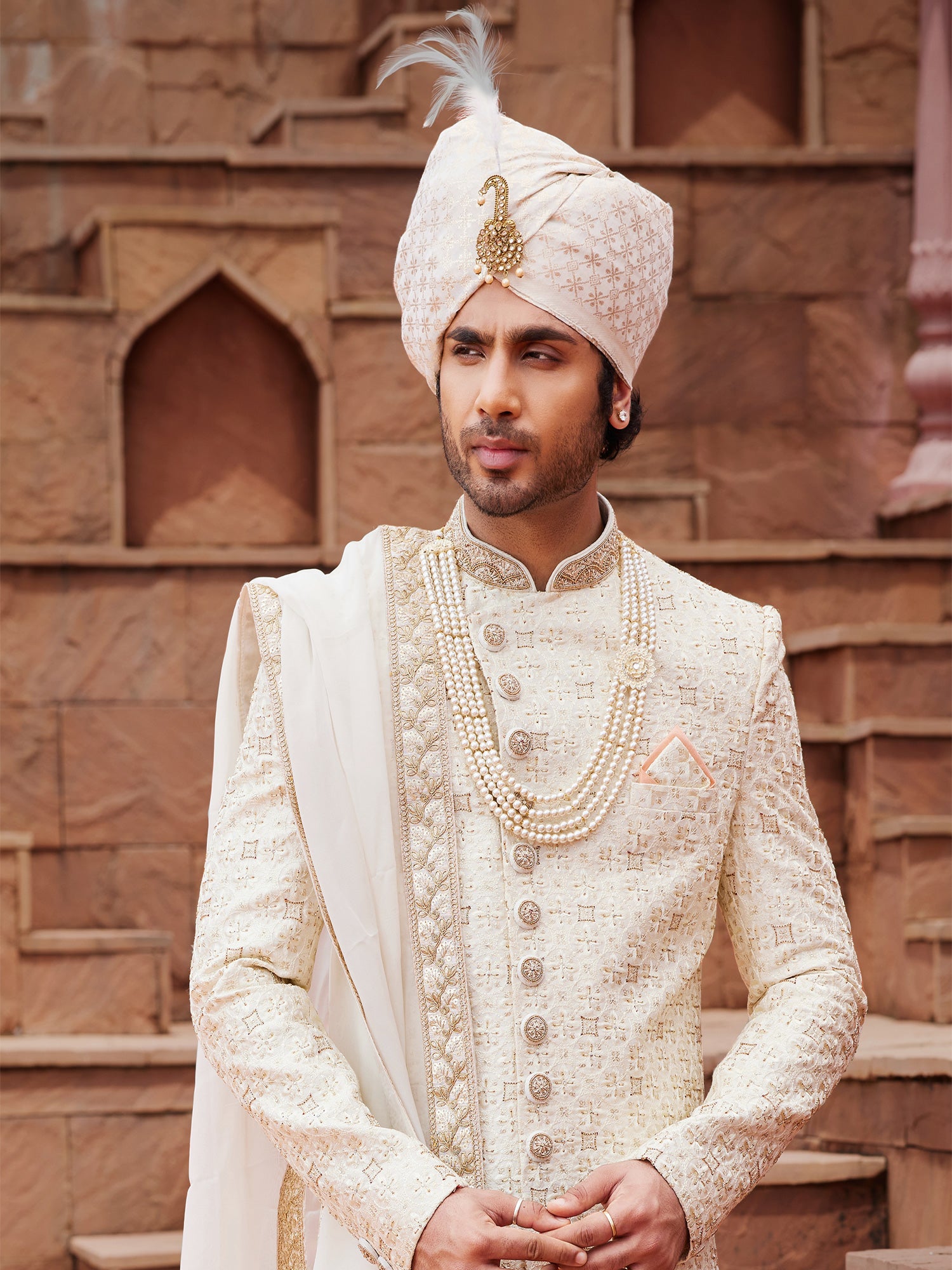 Cream Zari Embroidered Mens Readymade Sherwani In Silk