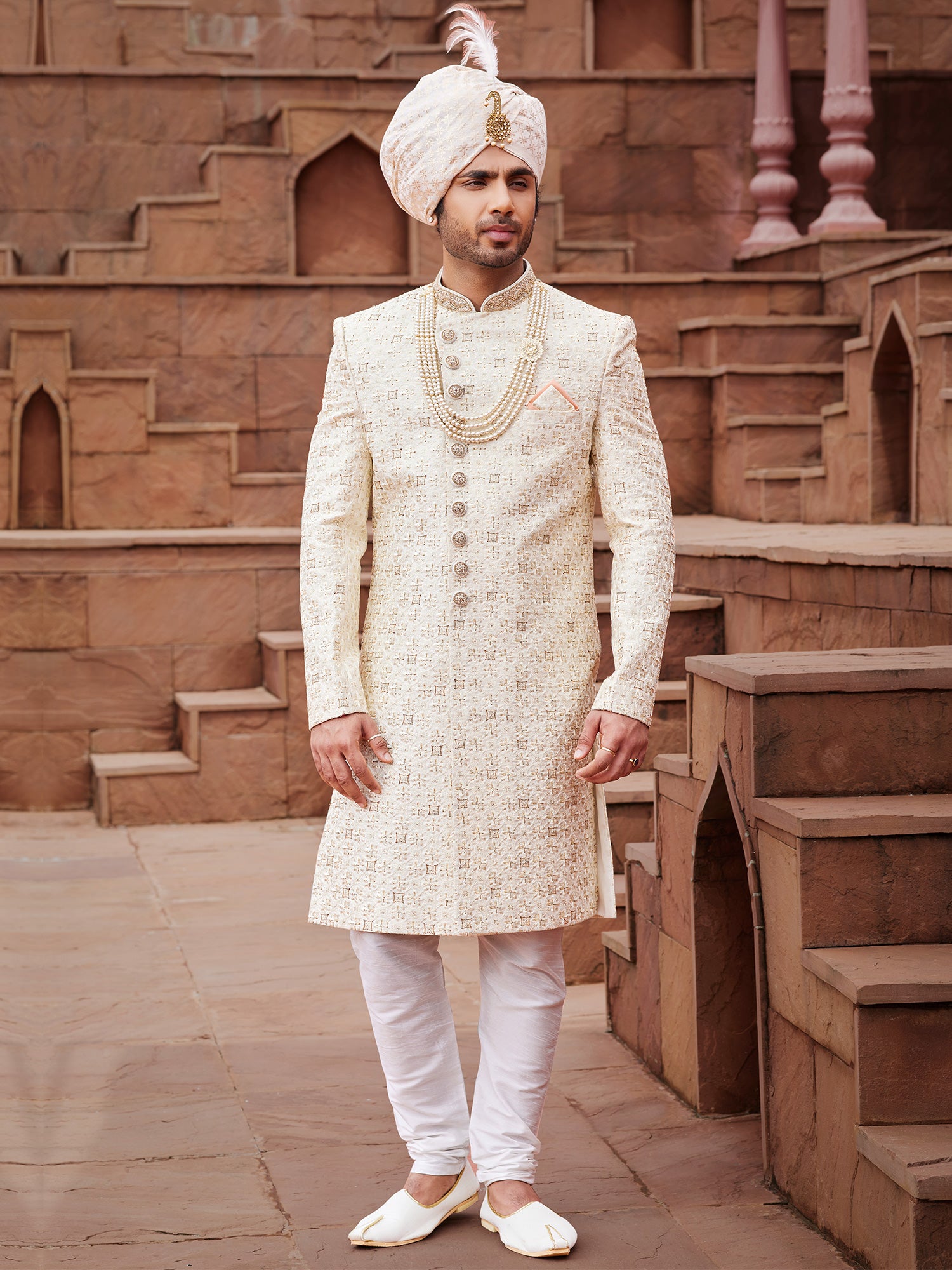 Cream Zari Embroidered Mens Readymade Sherwani In Silk