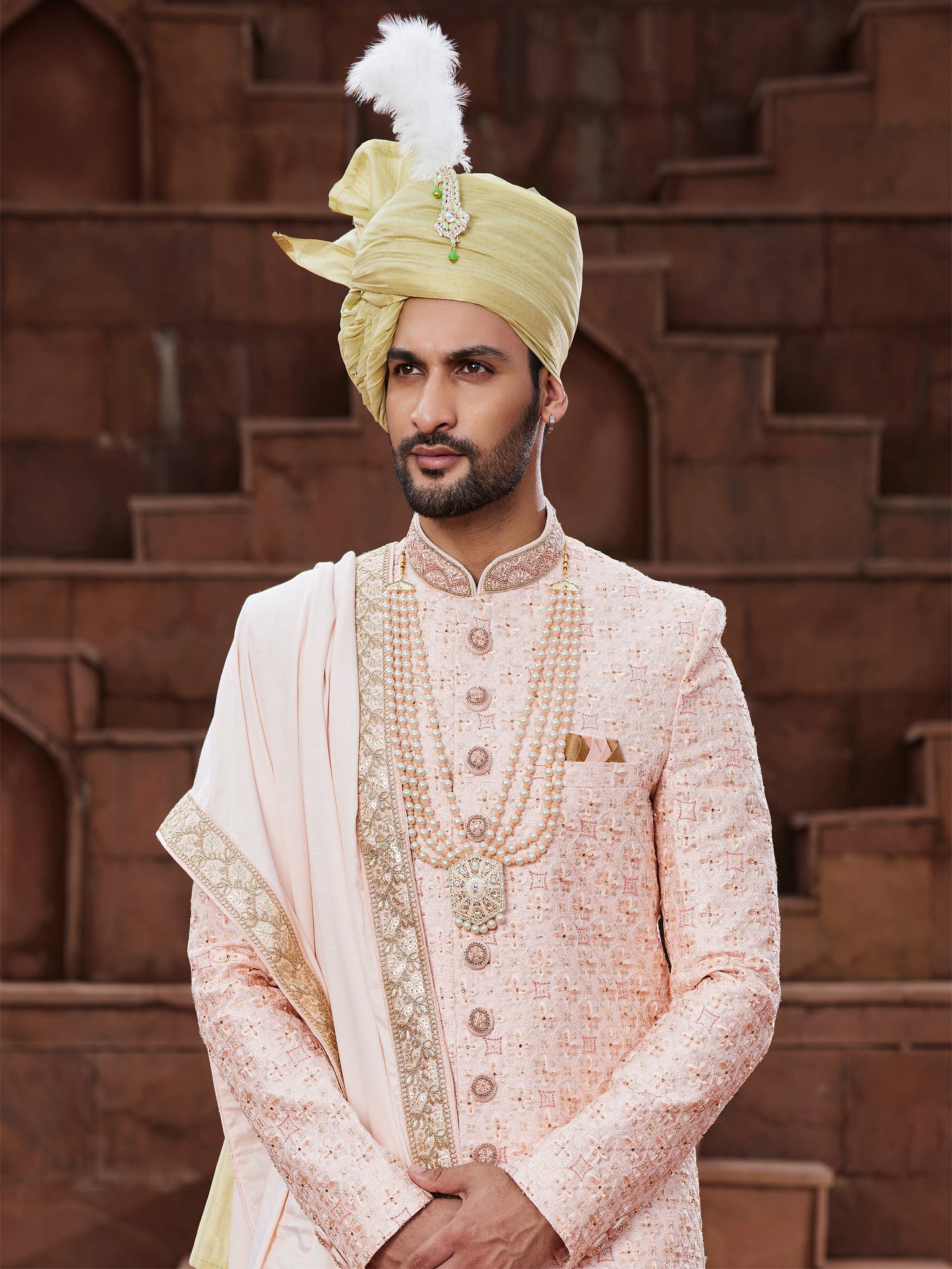 Peach Thread Work Embroidered Sherwani In Silk