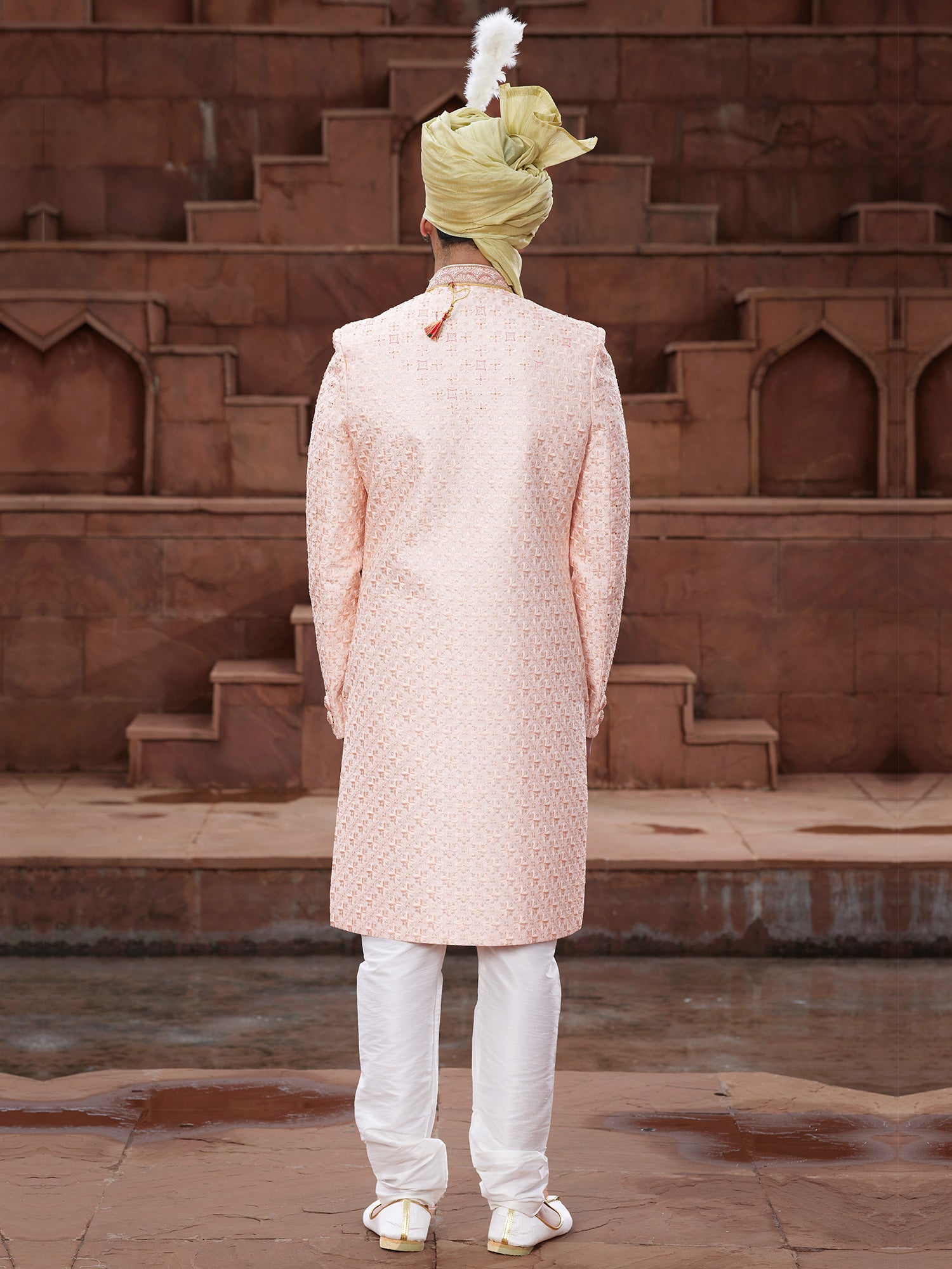 Peach Thread Work Embroidered Sherwani In Silk