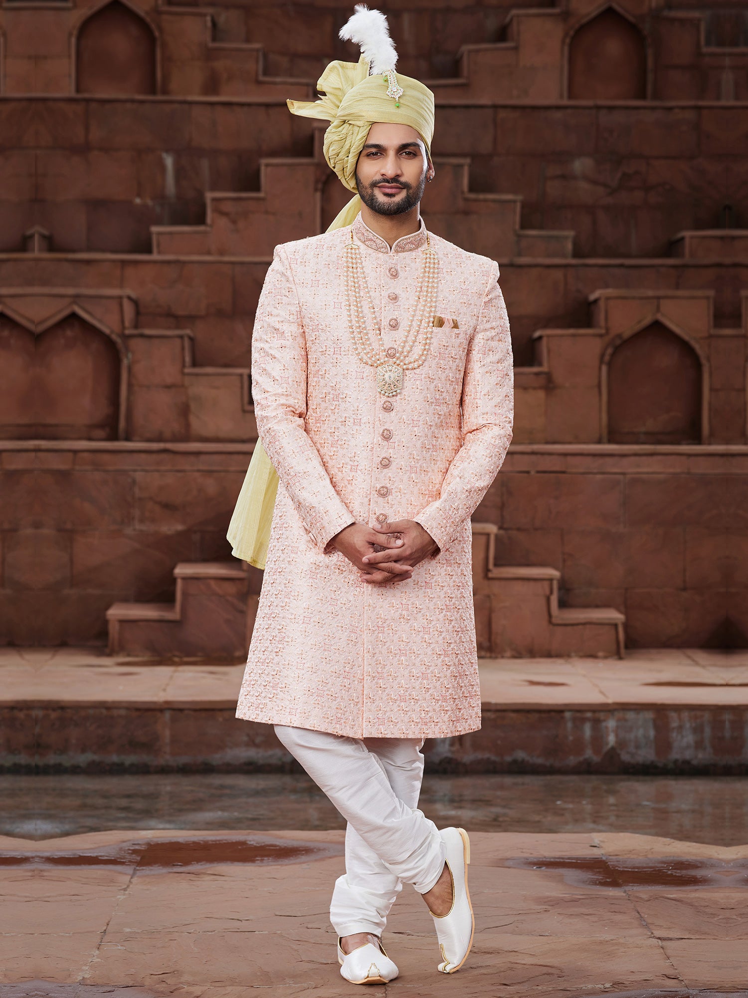 Peach Thread Work Embroidered Sherwani In Silk