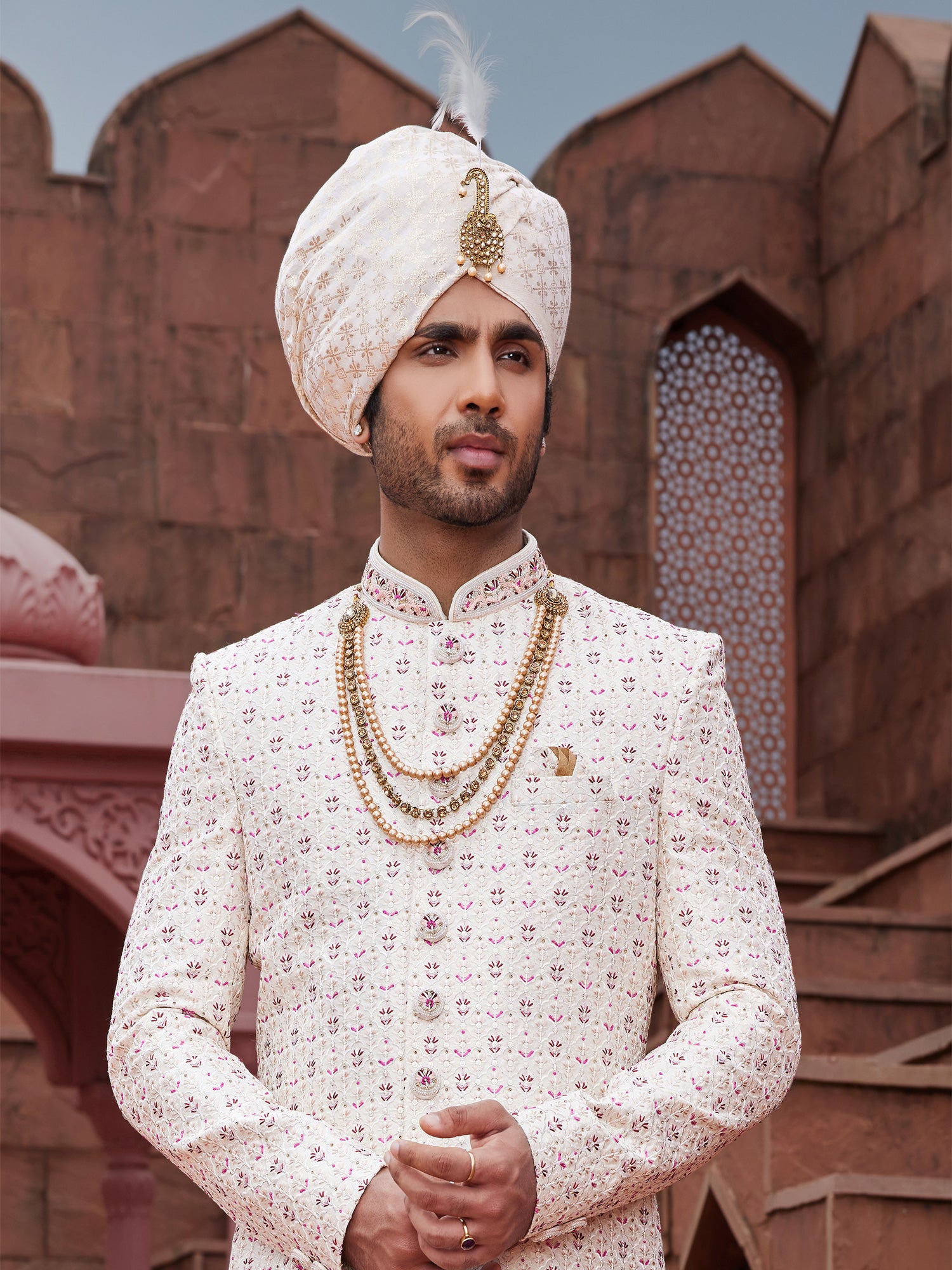 White Achkan Styled Sherwani Set In Silk For Mens