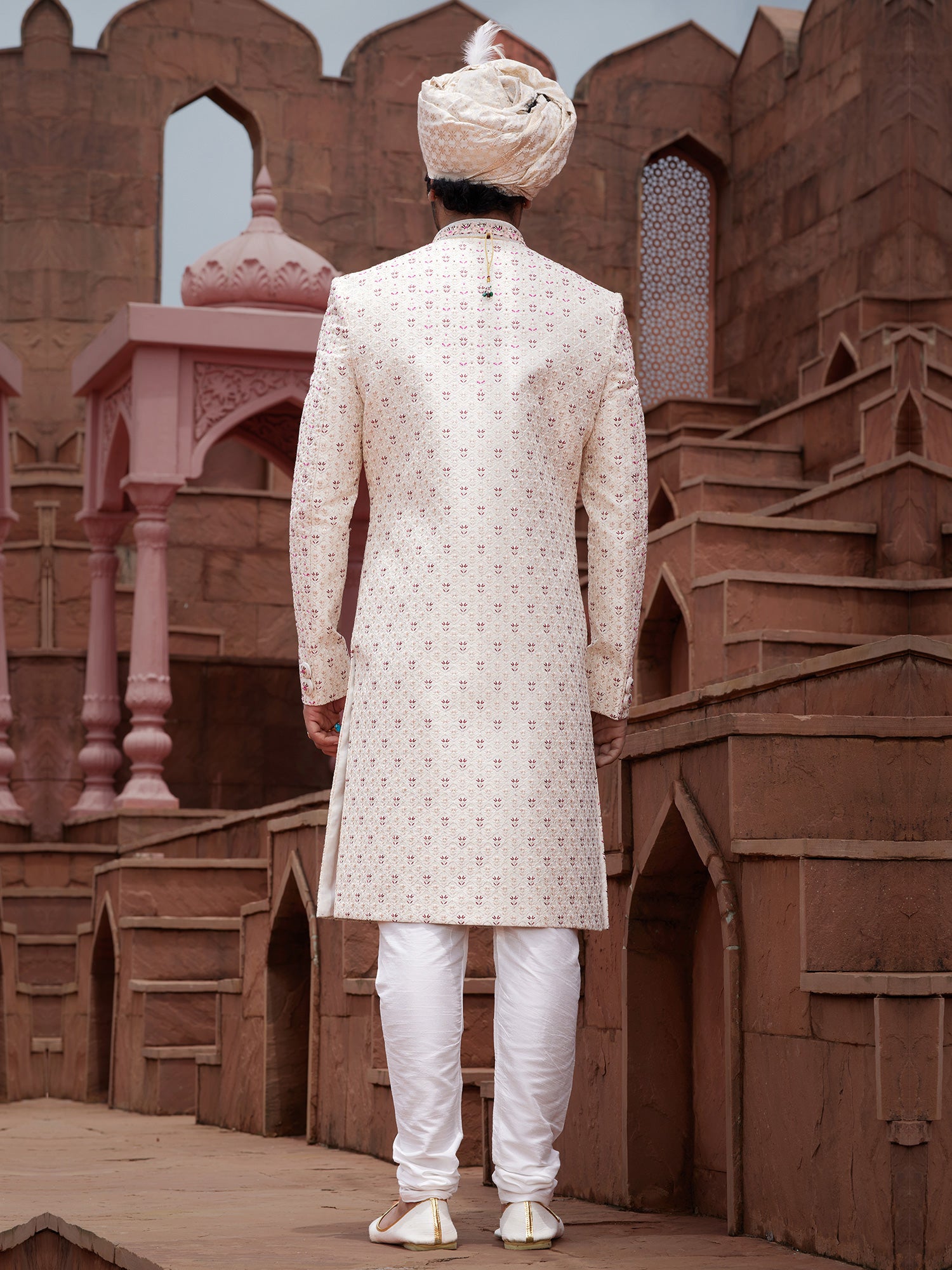 White Achkan Styled Sherwani Set In Silk For Mens