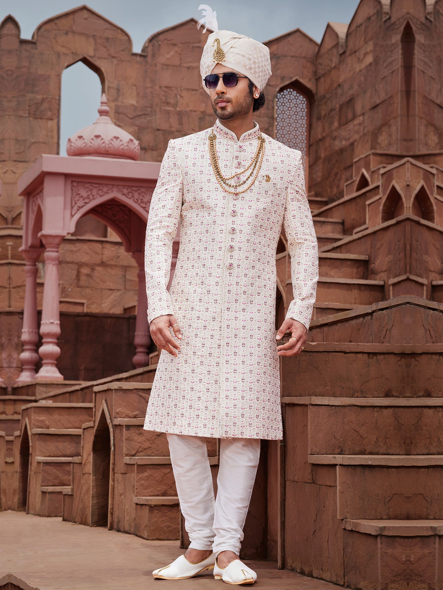 White Achkan Styled Sherwani Set In Silk For Mens