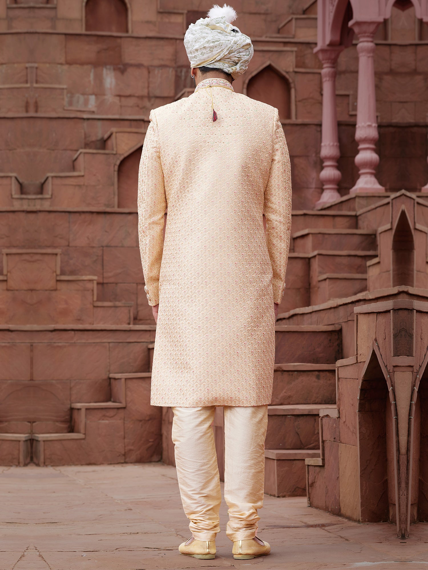 Ivory Golden Mens Sherwani With Churidaar In Silk