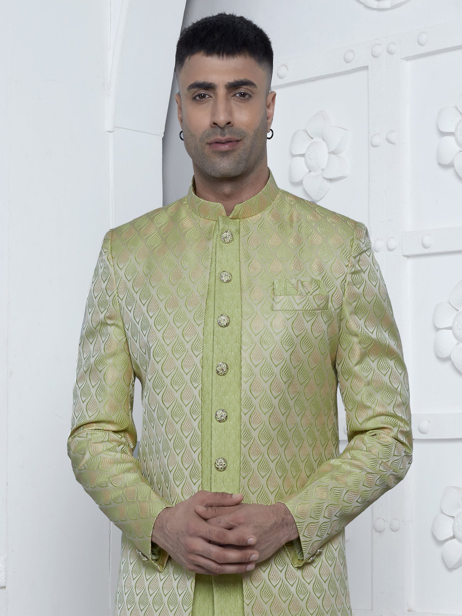 Olive Green Mens Indowesten In Silk With Jacketed Pattern