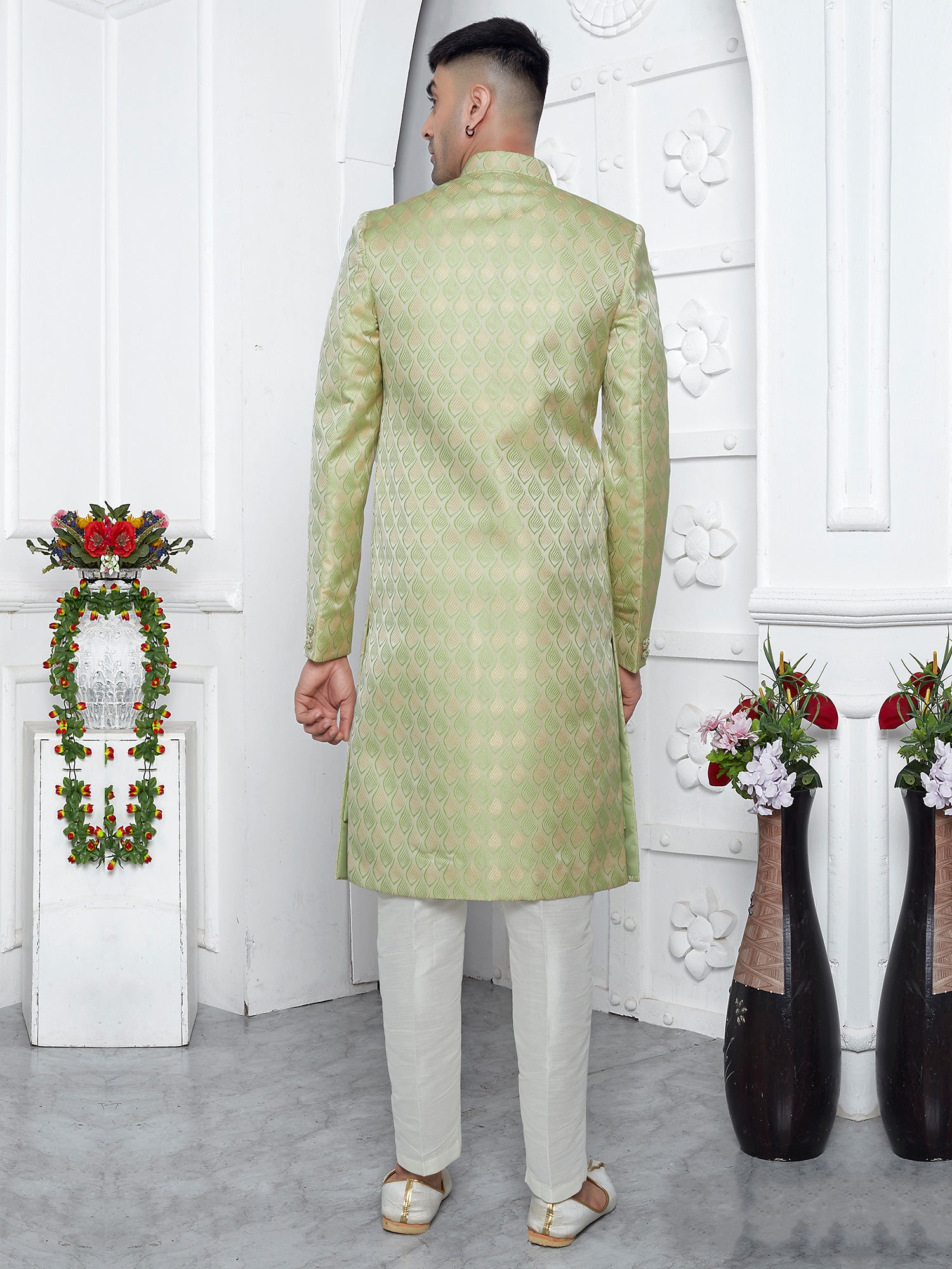 Olive Green Mens Indowesten In Silk With Jacketed Pattern