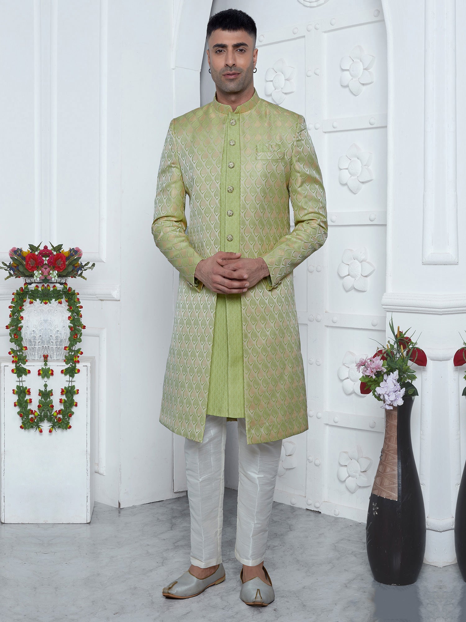 Olive Green Mens Indowesten In Silk With Jacketed Pattern