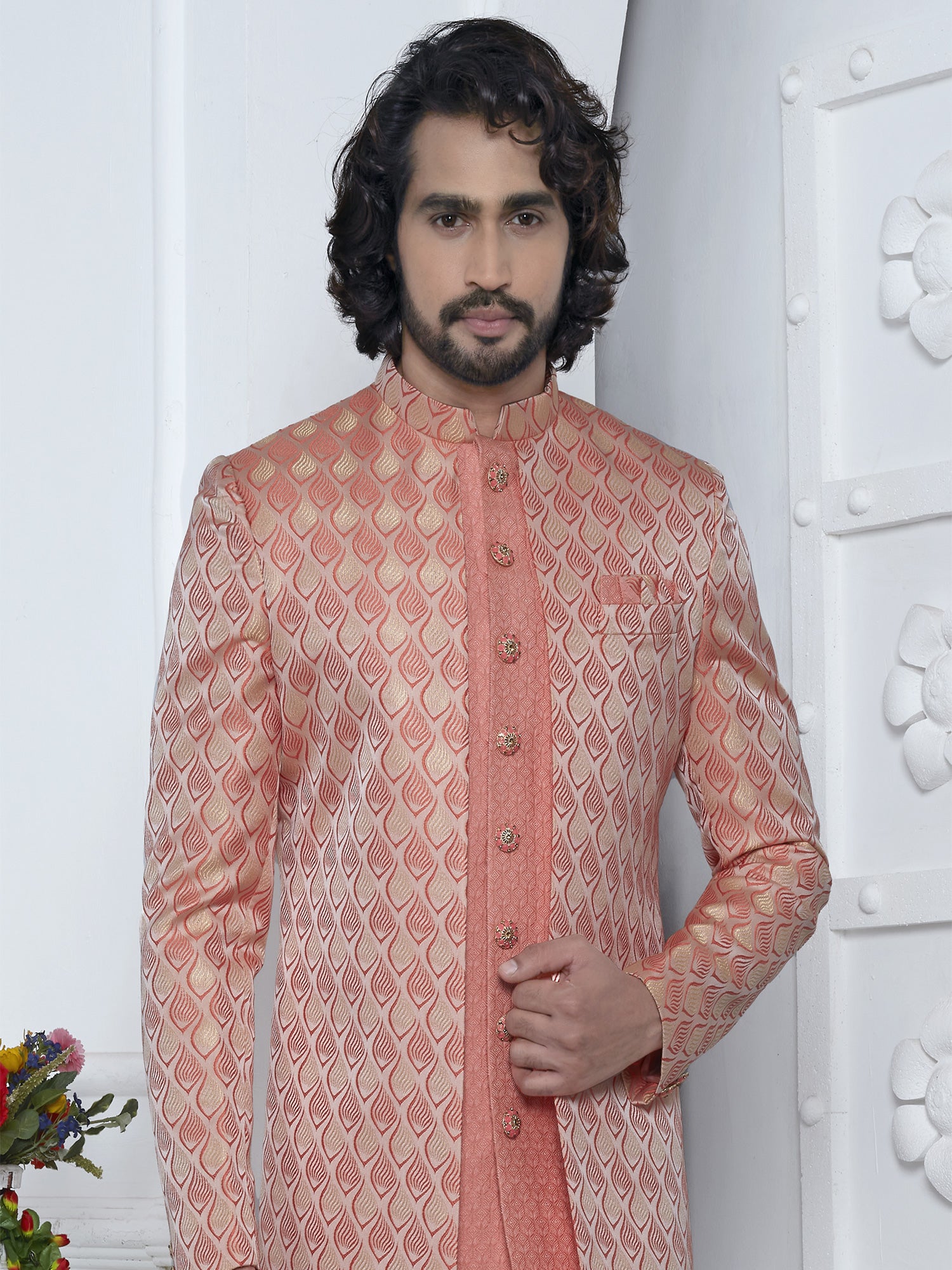 Peach Jackted Pattern Silk Indowestern Set For Mens
