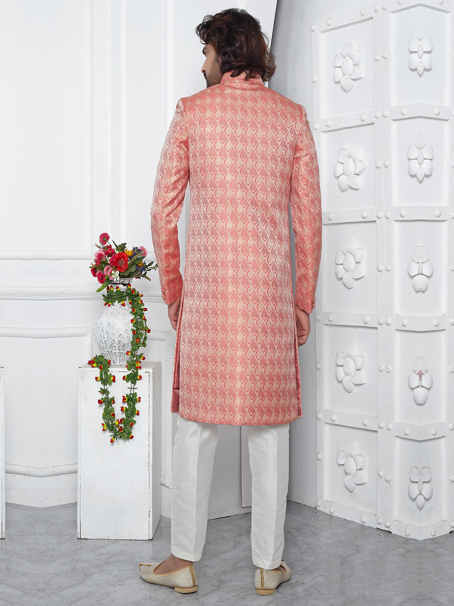 Peach Jackted Pattern Silk Indowestern Set For Mens