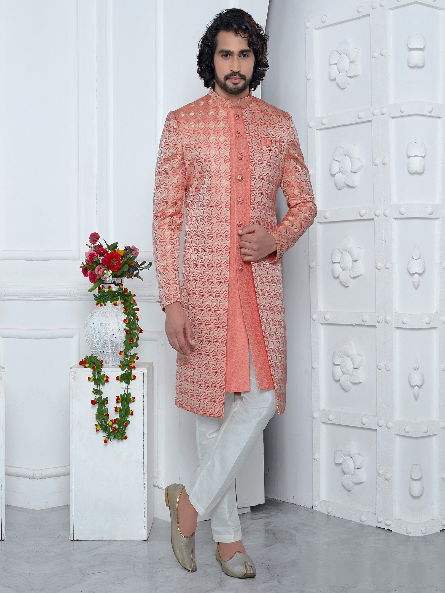 Peach Jackted Pattern Silk Indowestern Set For Mens