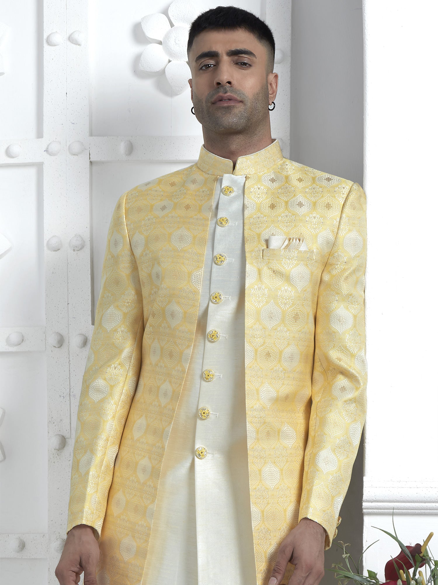 Light Yellow Mens Layered Pattern Mens Indowestern Set