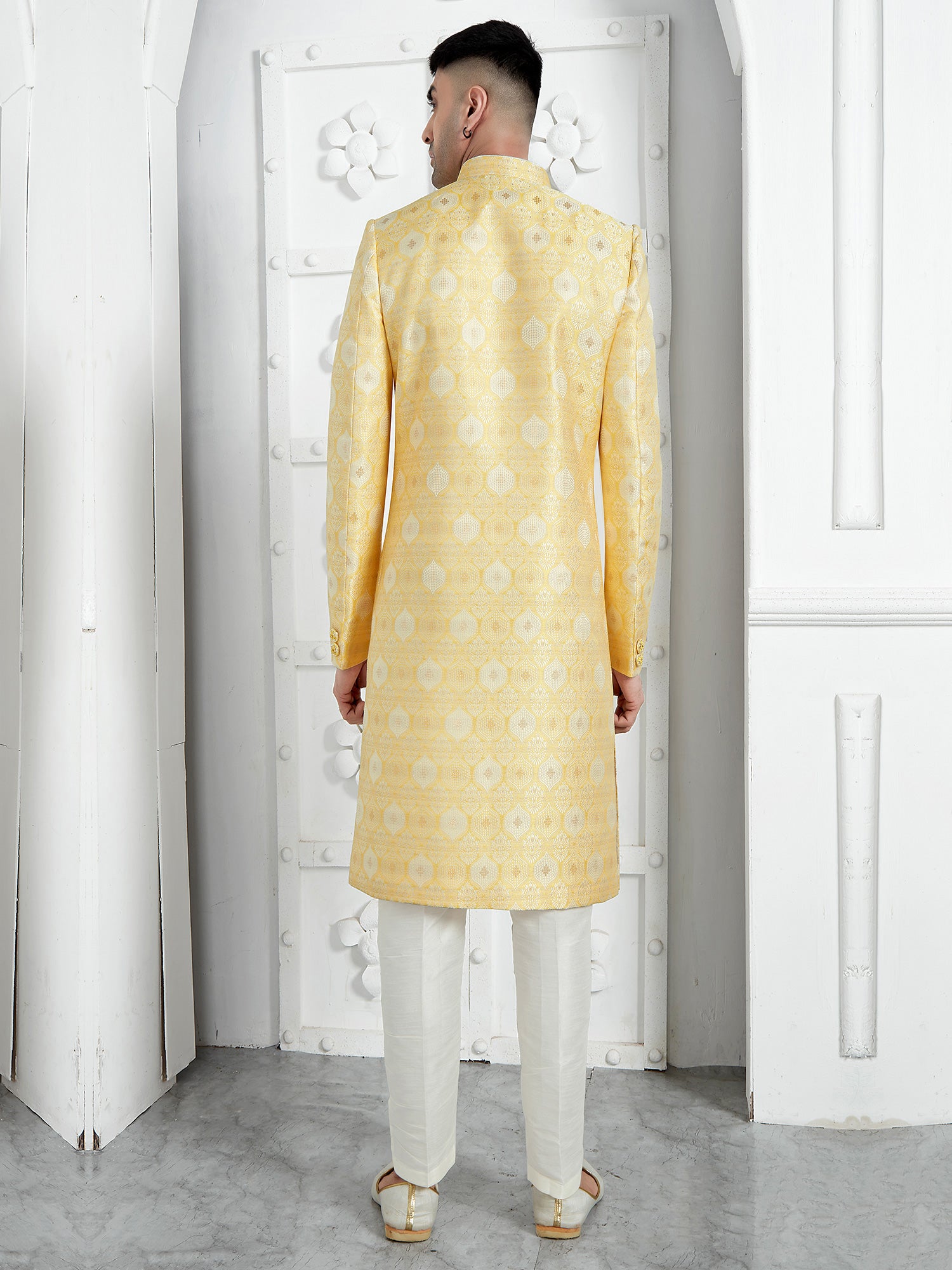 Light Yellow Mens Layered Pattern Mens Indowestern Set