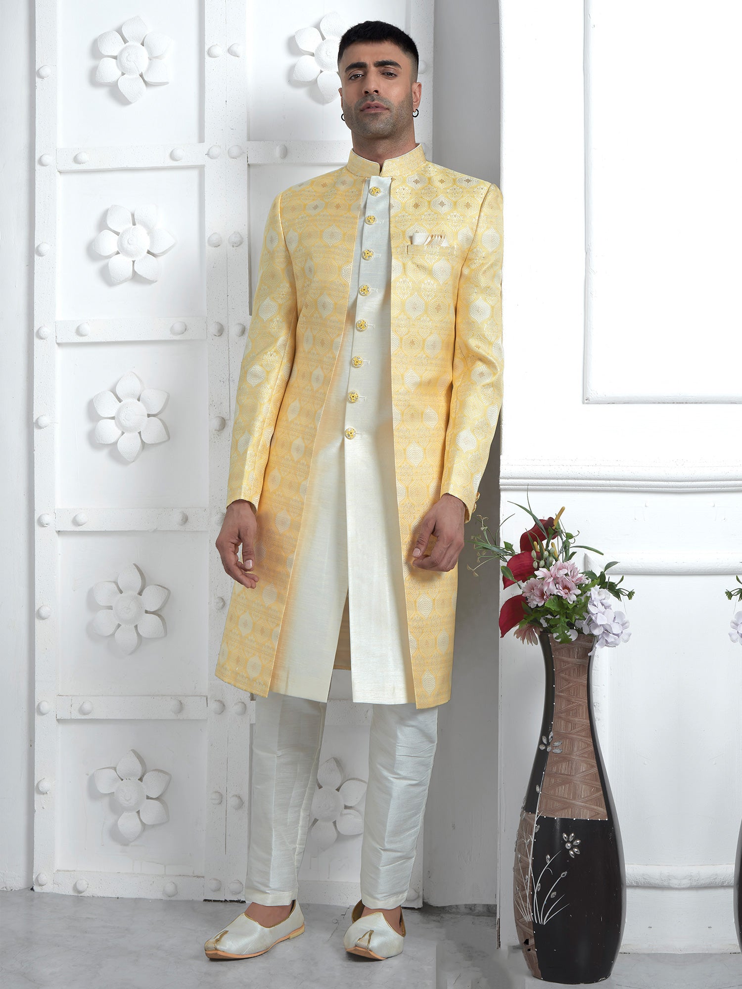 Light Yellow Mens Layered Pattern Mens Indowestern Set